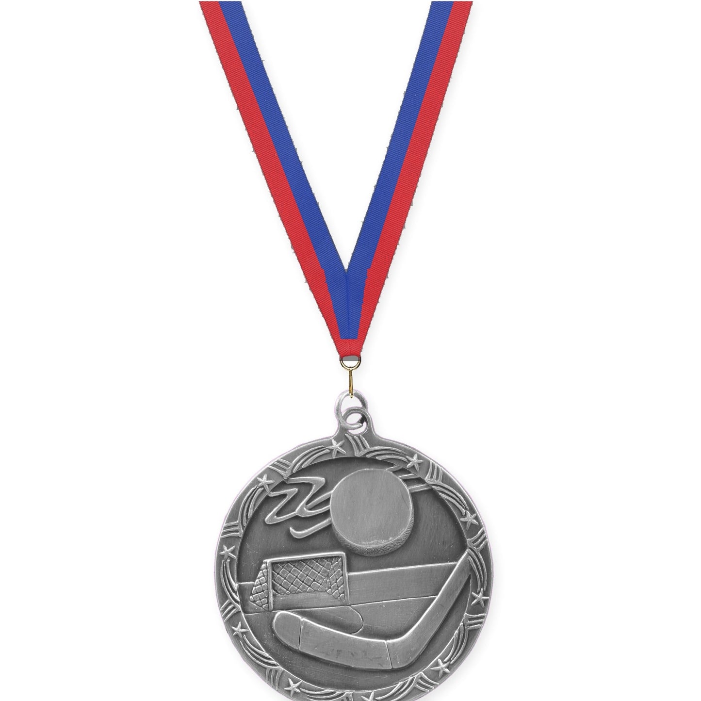 2 1/2 inch hockey Shooting Star medal in antique silver with Blue Red neck ribbon