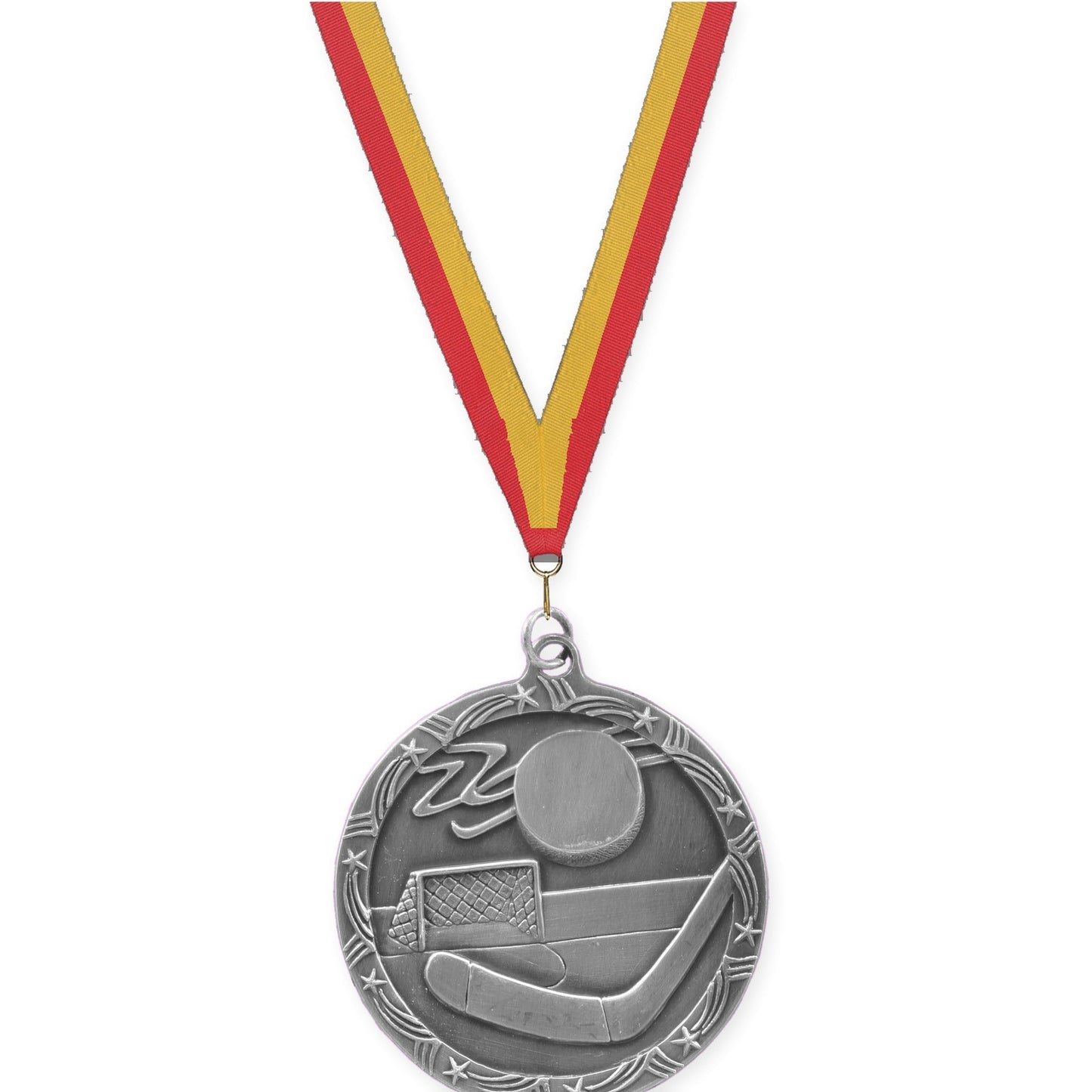 2 1/2 inch hockey Shooting Star medal in antique silver with Red Gold neck ribbon