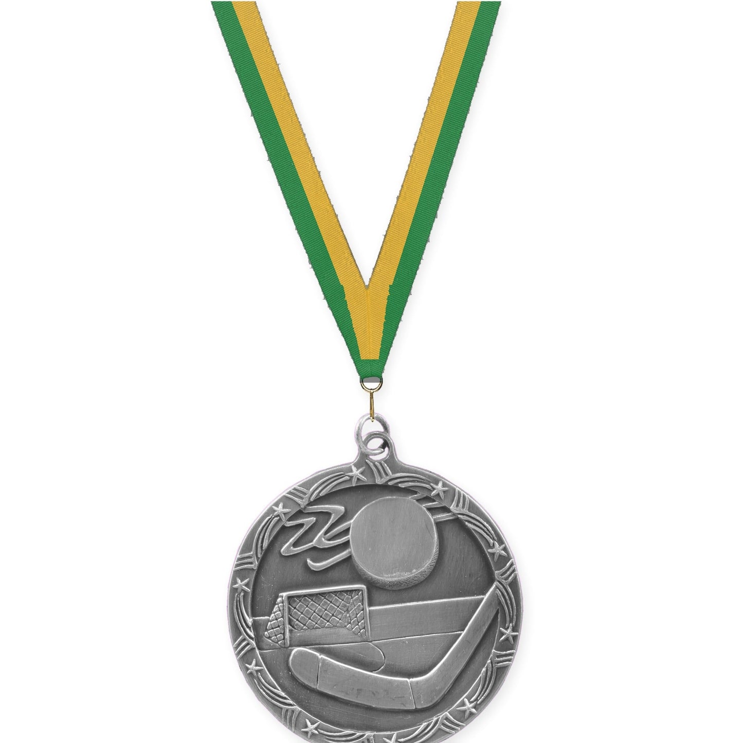 2 1/2 inch hockey Shooting Star medal in antique silver with Green Gold neck ribbon
