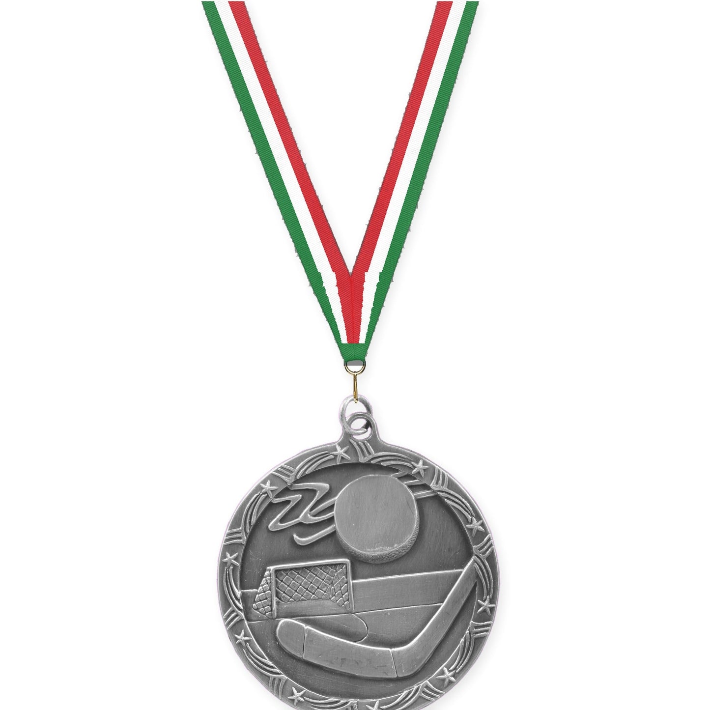 2 1/2 inch hockey Shooting Star medal in antique silver with Green White Red neck ribbon