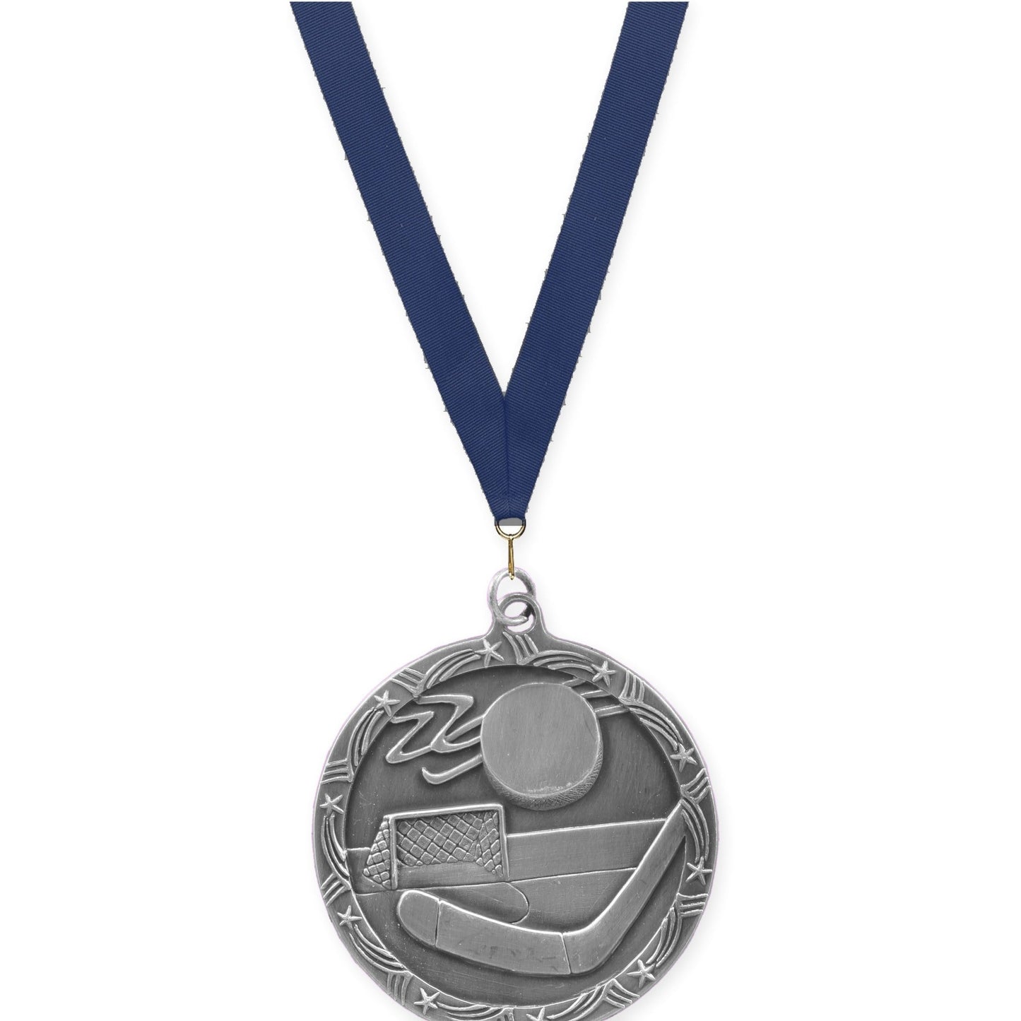 2 1/2 inch hockey Shooting Star medal in antique silver with Navy neck ribbon