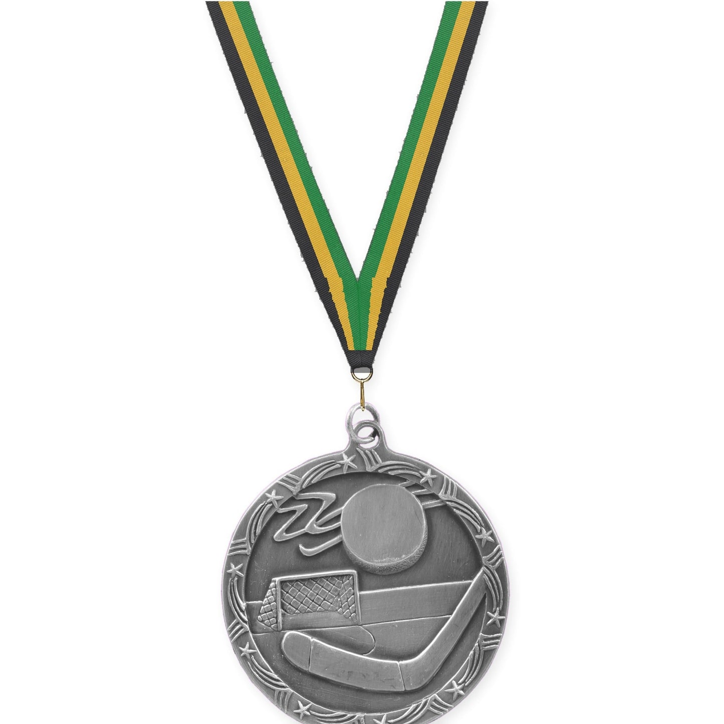 2 1/2 inch hockey Shooting Star medal in antique silver with Black Gold Green neck ribbon