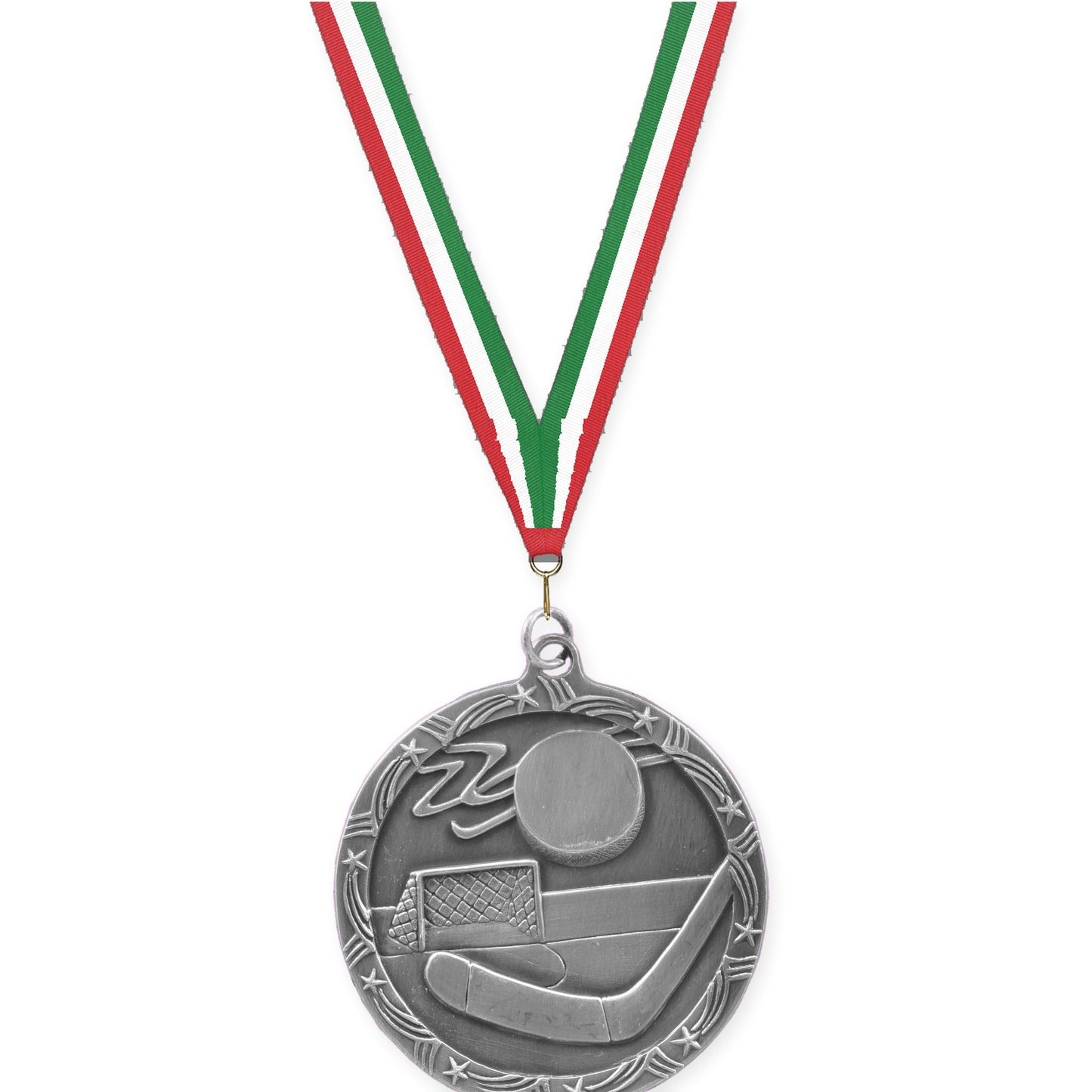 2 1/2 inch hockey Shooting Star medal in antique silver with Red White Green neck ribbon