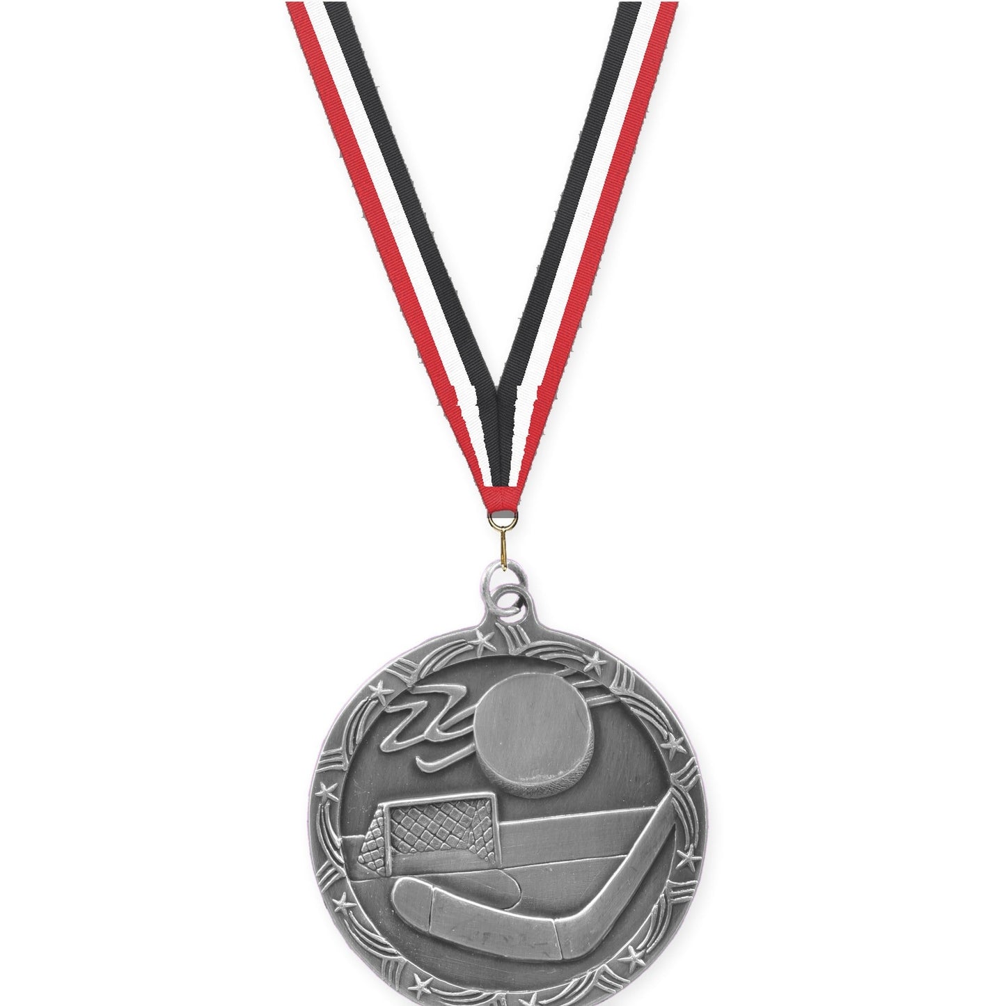 2 1/2 inch hockey Shooting Star medal in antique silver with Red White Black neck ribbon