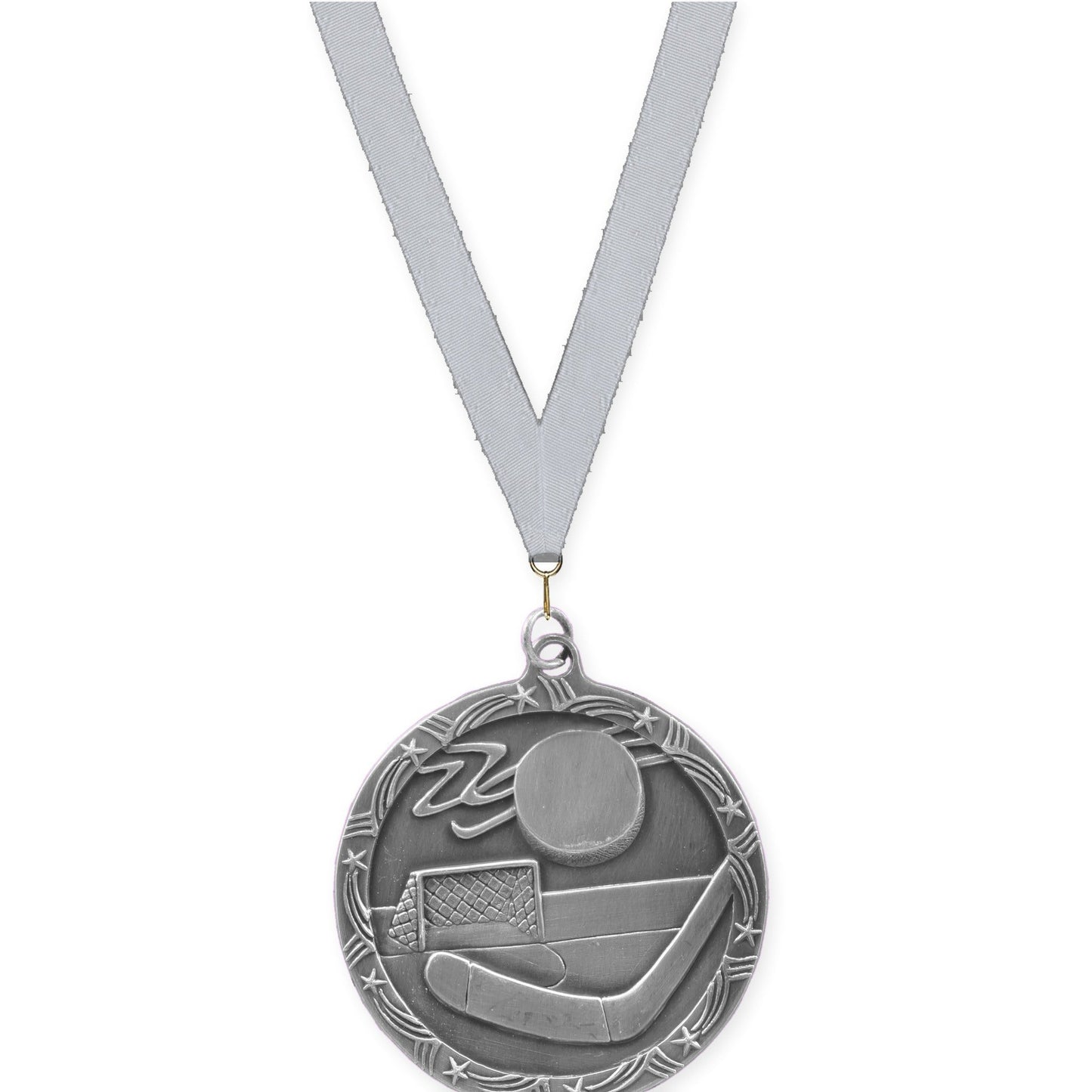 2 1/2 inch hockey Shooting Star medal in antique silver with Silver Metallic neck ribbon