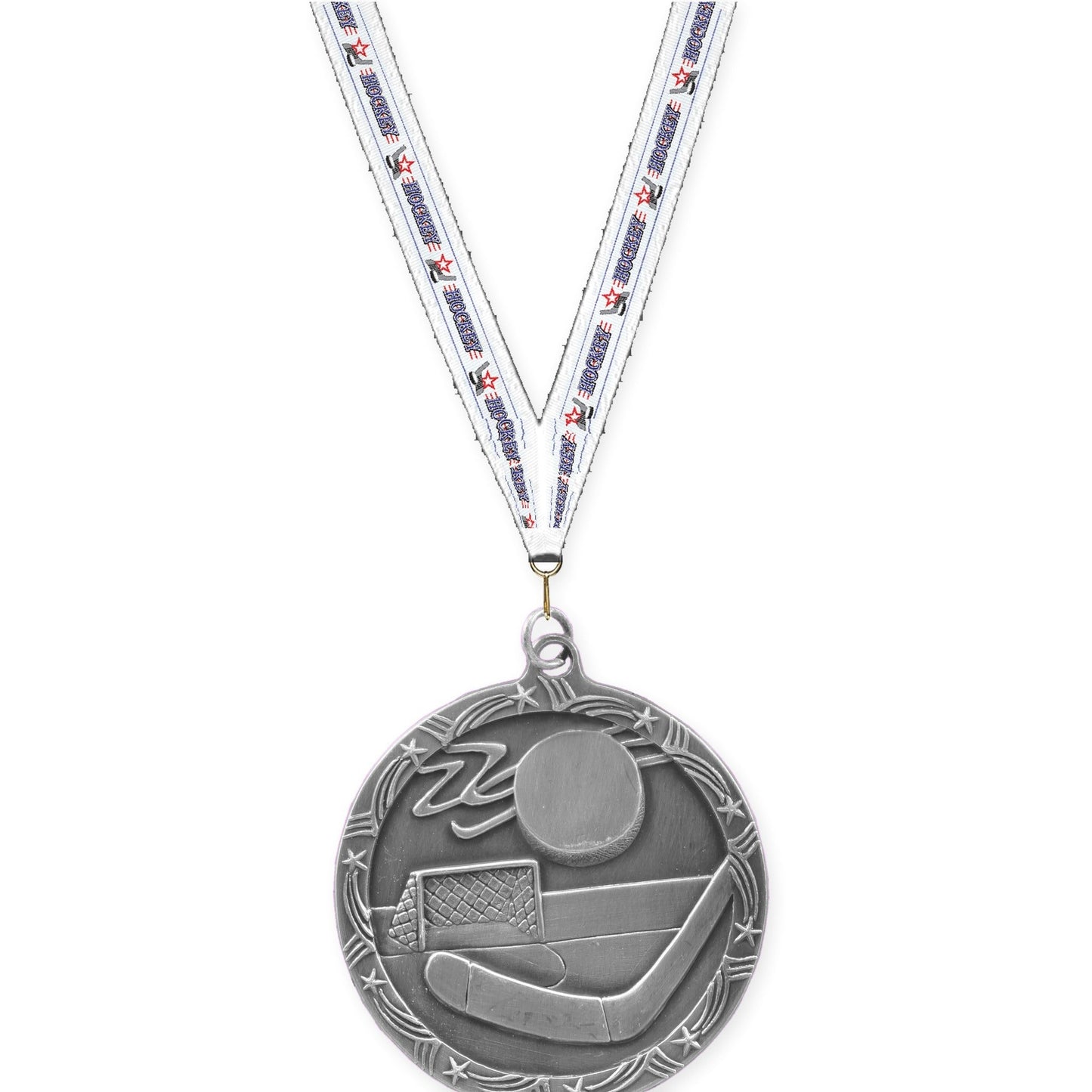 2 1/2 inch hockey Shooting Star medal in antique silver with Hockey neck ribbon