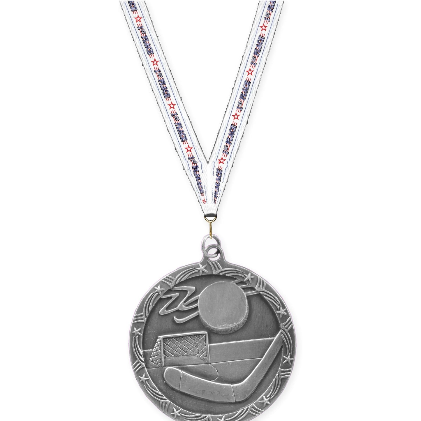 2 1/2 inch hockey Shooting Star medal in antique silver with 1st Place neck ribbon