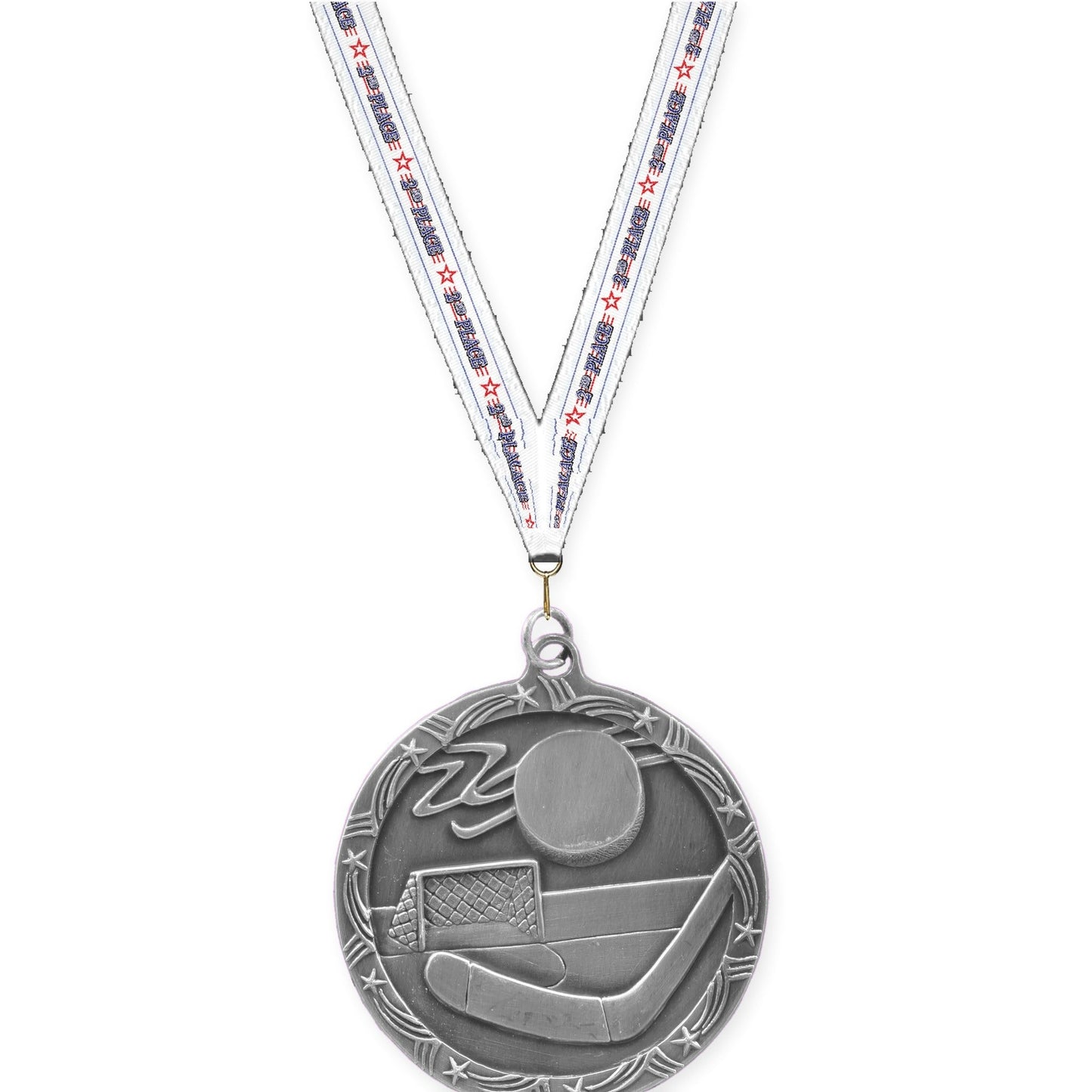 2 1/2 inch hockey Shooting Star medal in antique silver with 2nd Place neck ribbon
