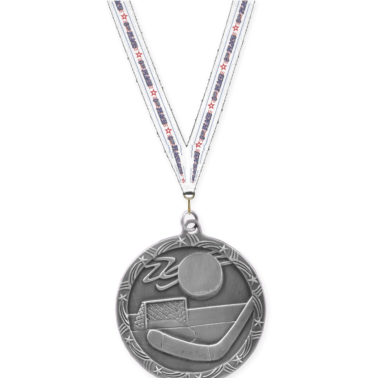 2 1/2 inch hockey Shooting Star medal in antique silver with 3rd Place neck ribbon