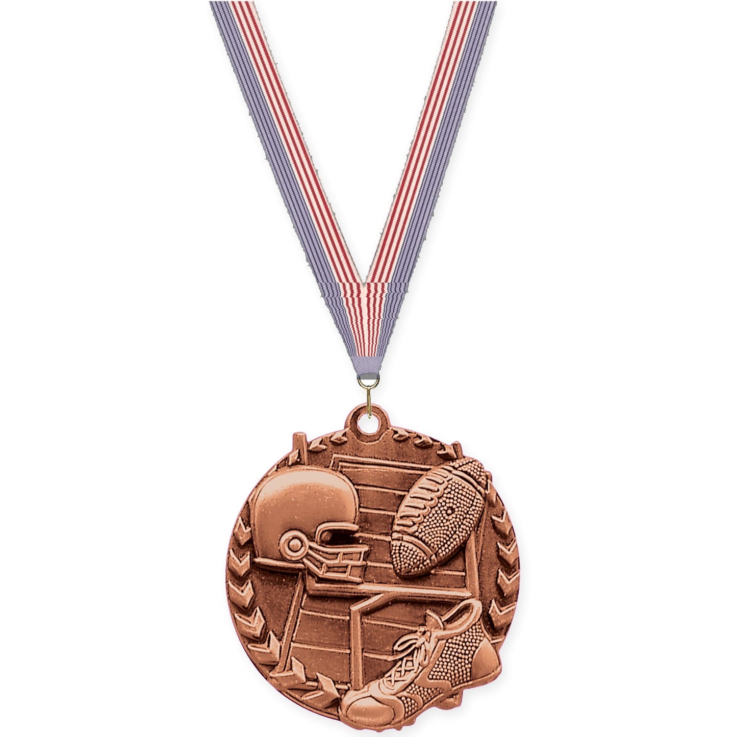 1 3/4 inch football Millennium medal in bright bronze with USA Flag neck ribbon