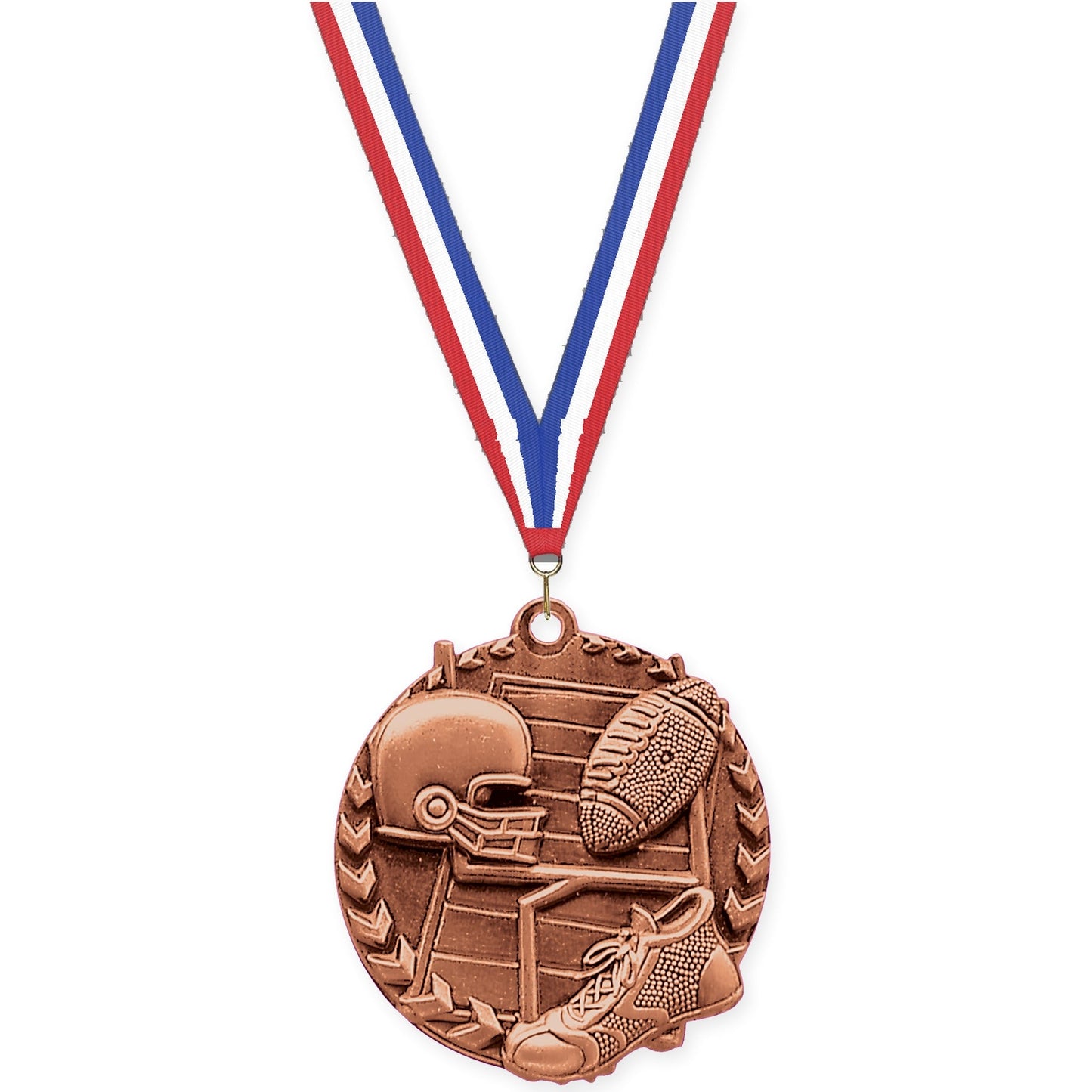 1 3/4 inch football Millennium medal in bright bronze with Red White Blue neck ribbon