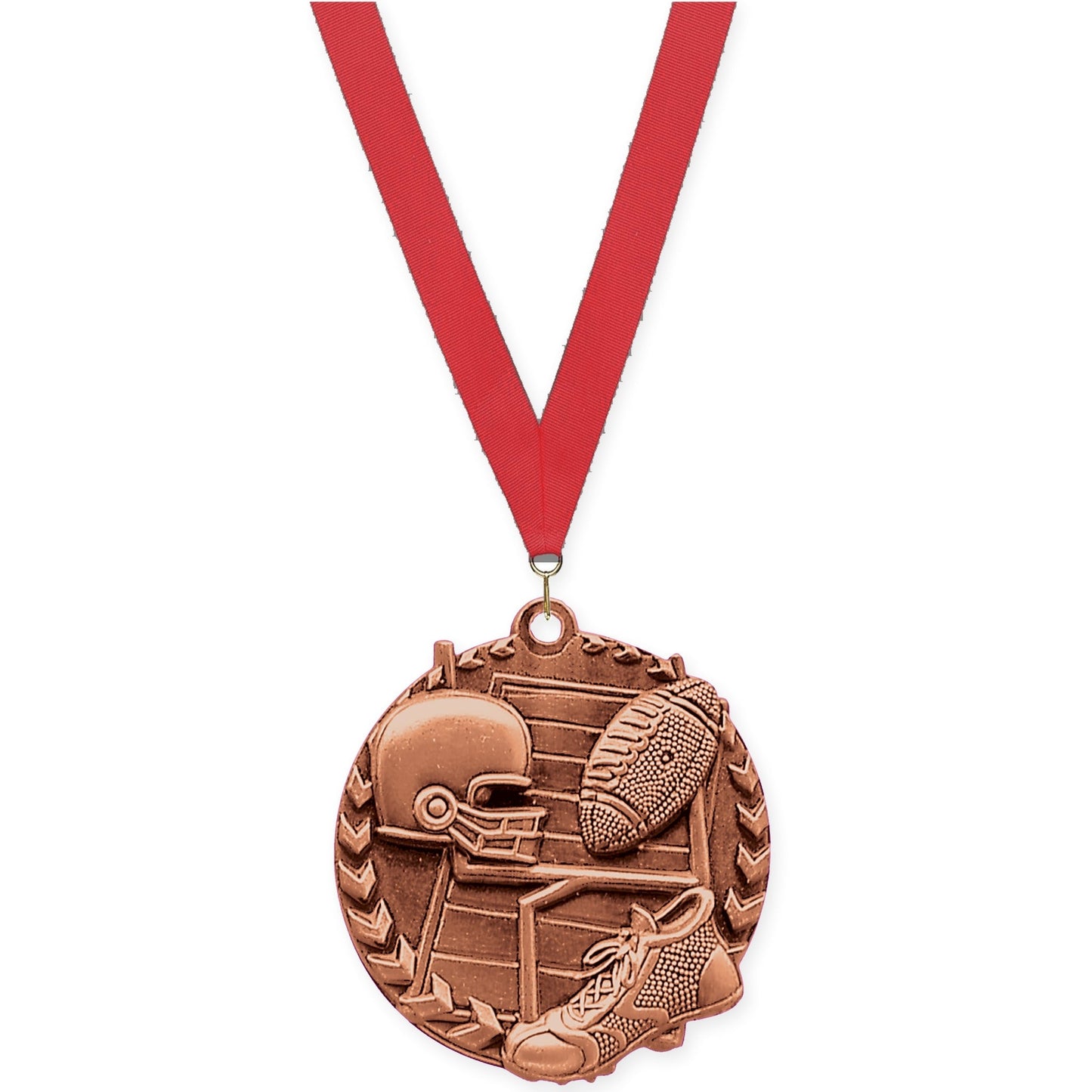 1 3/4 inch football Millennium medal in bright bronze with Red neck ribbon