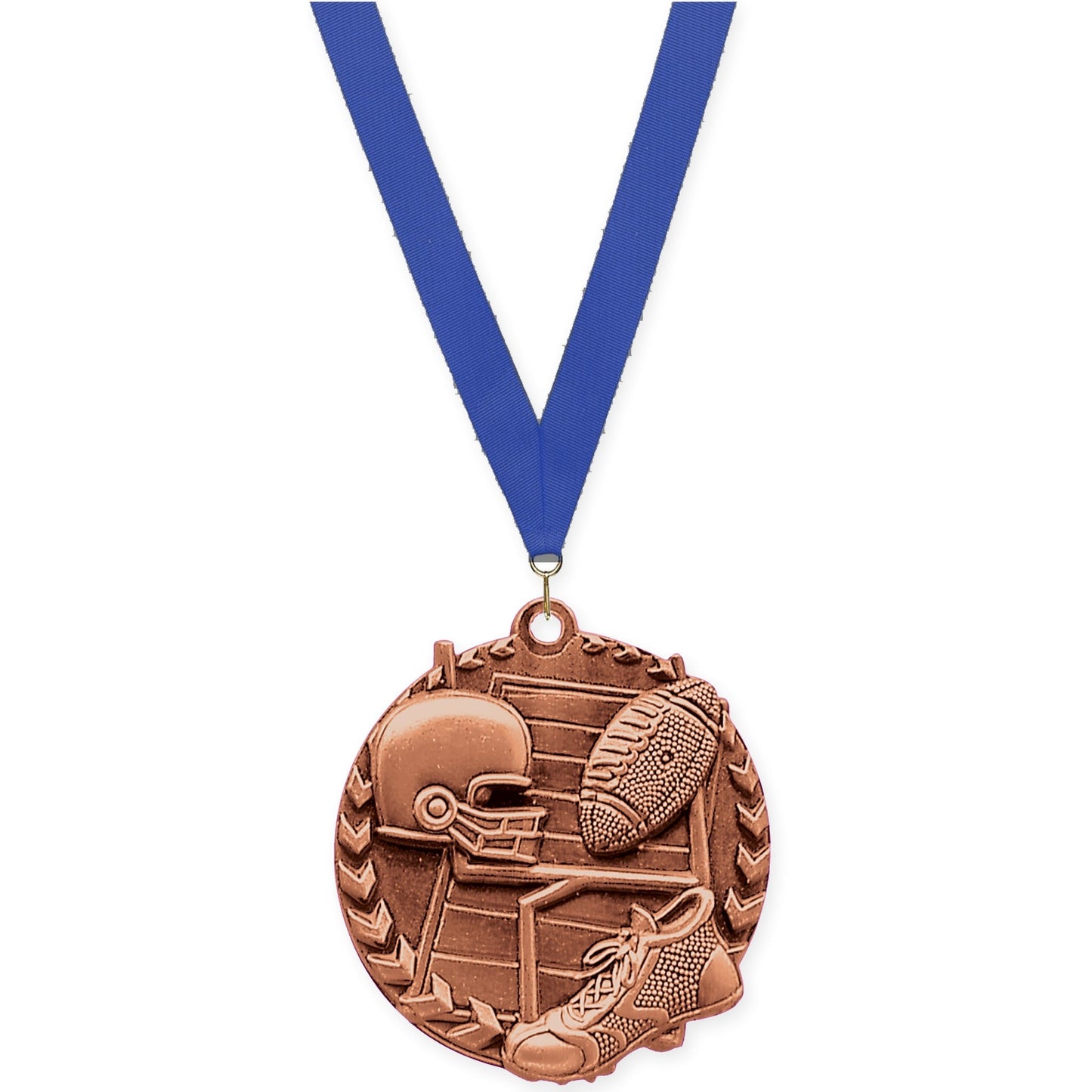 1 3/4 inch football Millennium medal in bright bronze with Blue neck ribbon