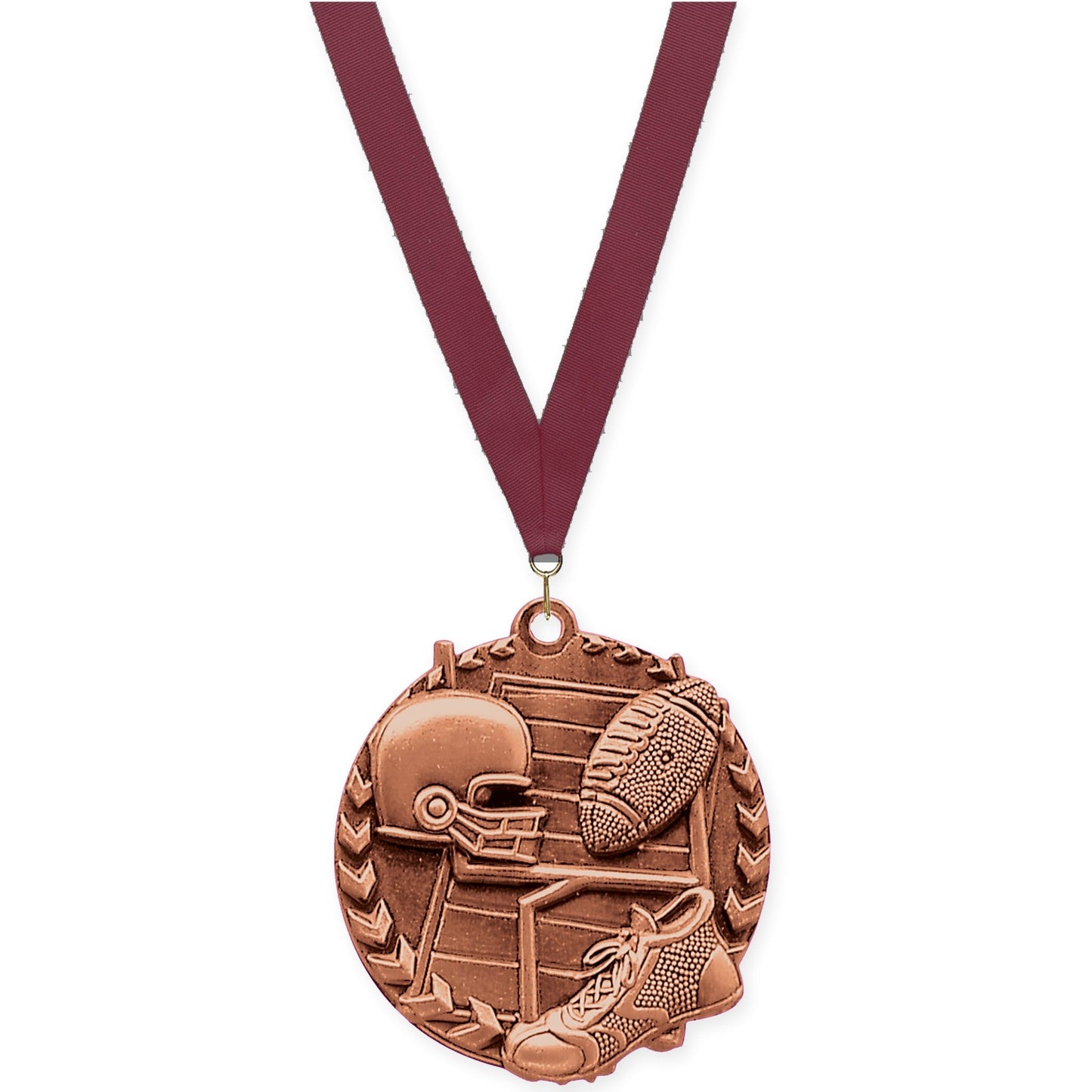 1 3/4 inch football Millennium medal in bright bronze with Maroon neck ribbon