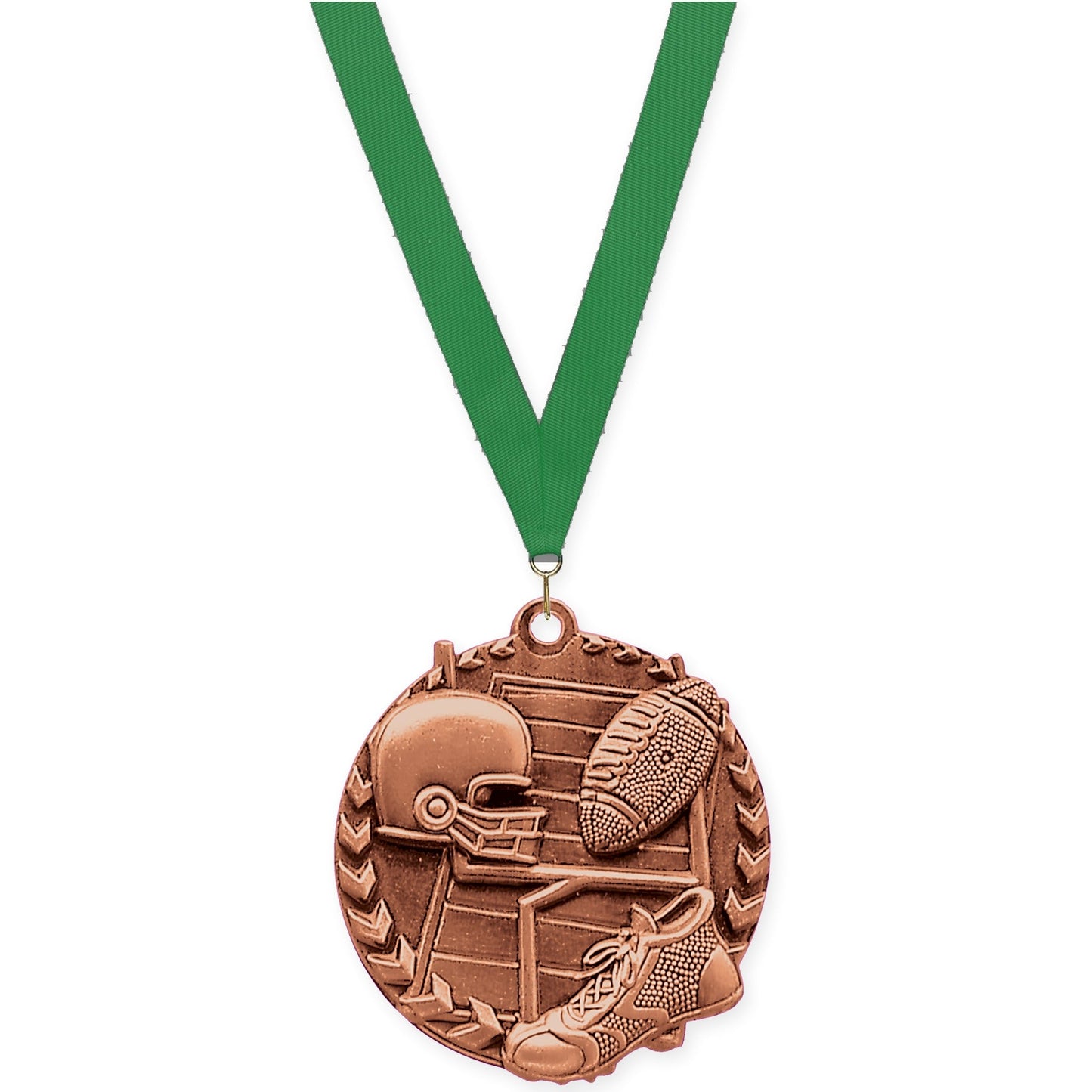 1 3/4 inch football Millennium medal in bright bronze with Green neck ribbon