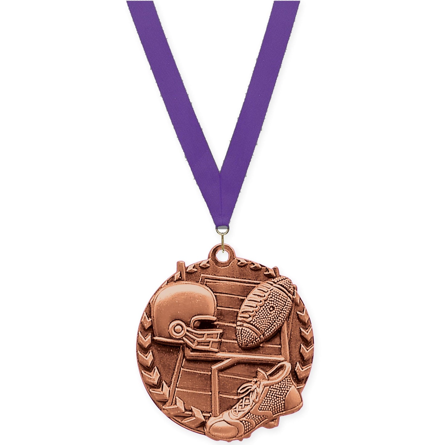 1 3/4 inch football Millennium medal in bright bronze with Purple neck ribbon