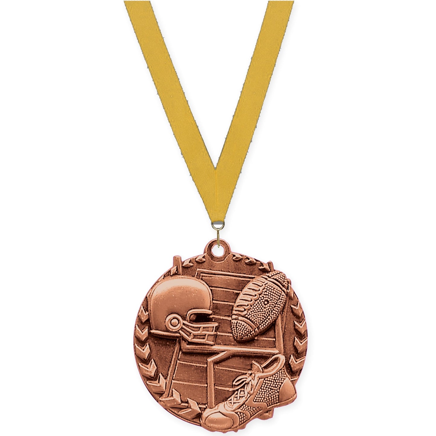 1 3/4 inch football Millennium medal in bright bronze with Gold neck ribbon