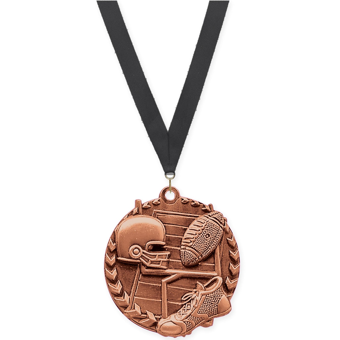 1 3/4 inch football Millennium medal in bright bronze with Black neck ribbon