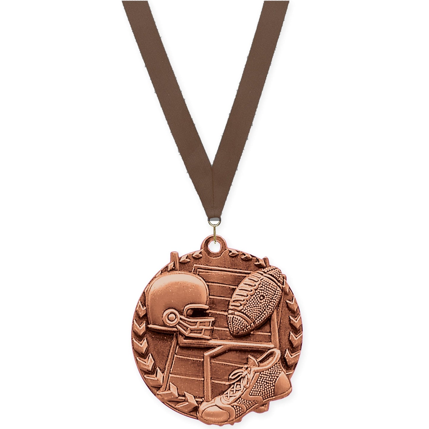 1 3/4 inch football Millennium medal in bright bronze with Brown neck ribbon