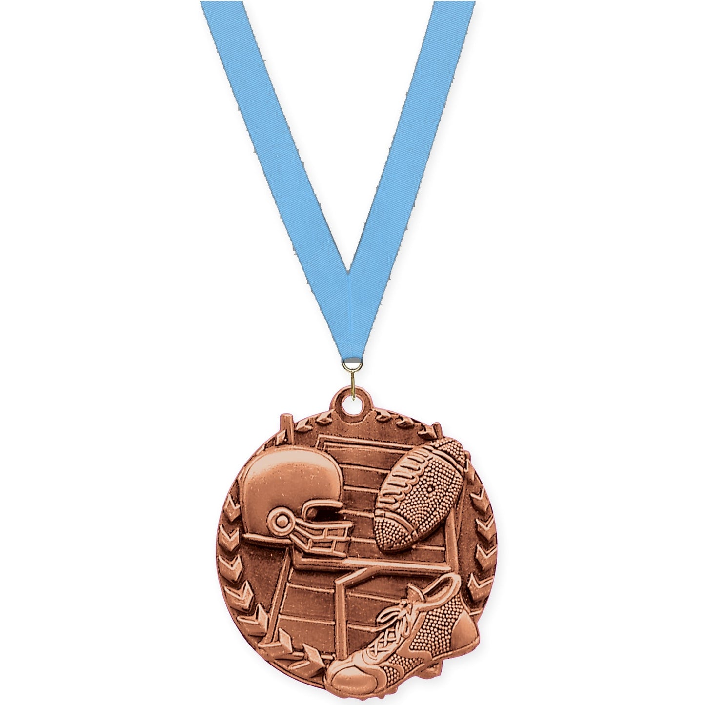 1 3/4 inch football Millennium medal in bright bronze with Light Blue neck ribbon
