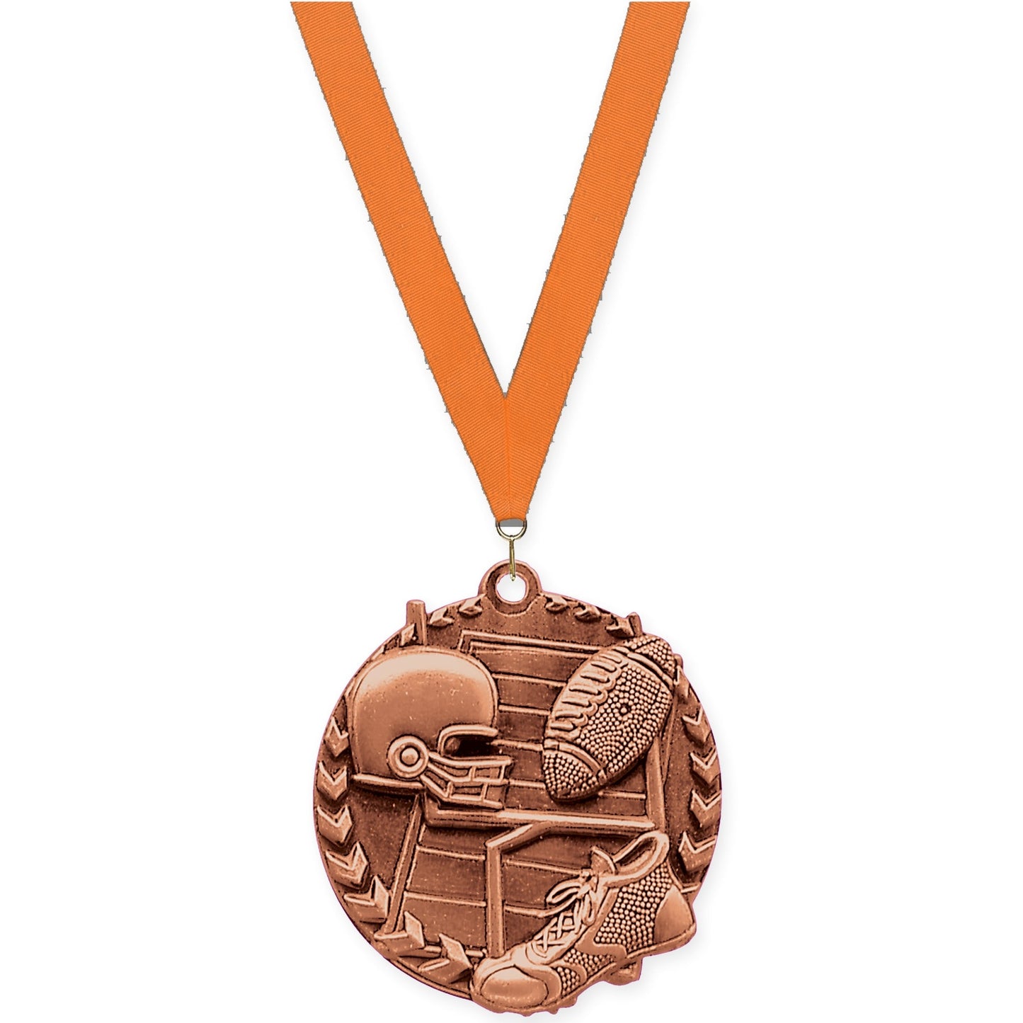 1 3/4 inch football Millennium medal in bright bronze with Orange neck ribbon