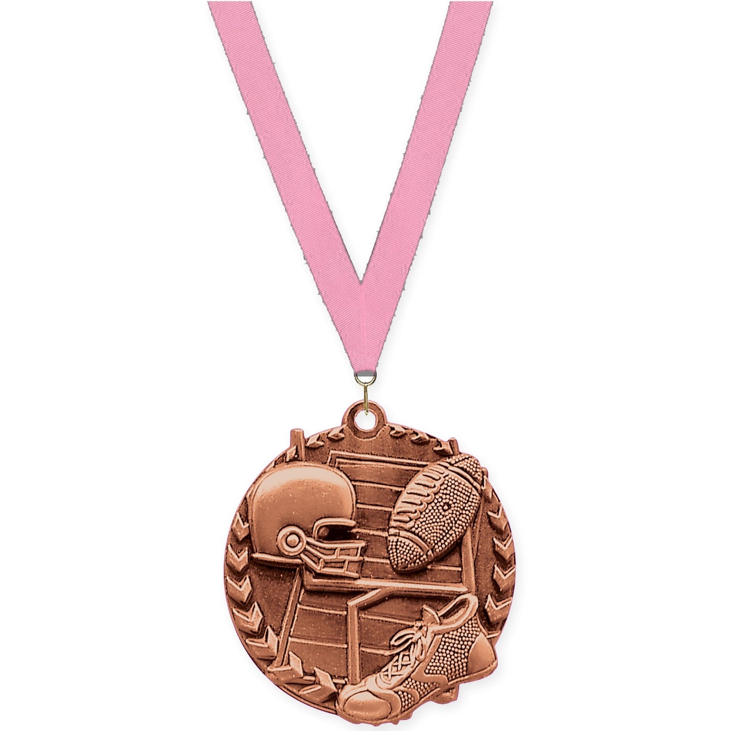 1 3/4 inch football Millennium medal in bright bronze with Pink neck ribbon