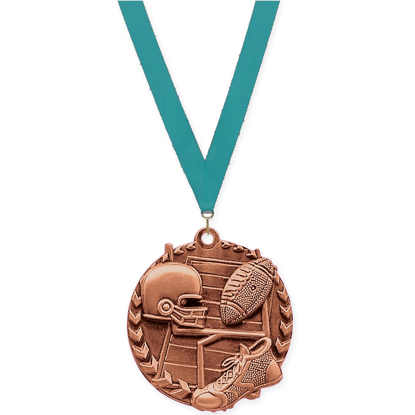 1 3/4 inch football Millennium medal in bright bronze with Teal neck ribbon