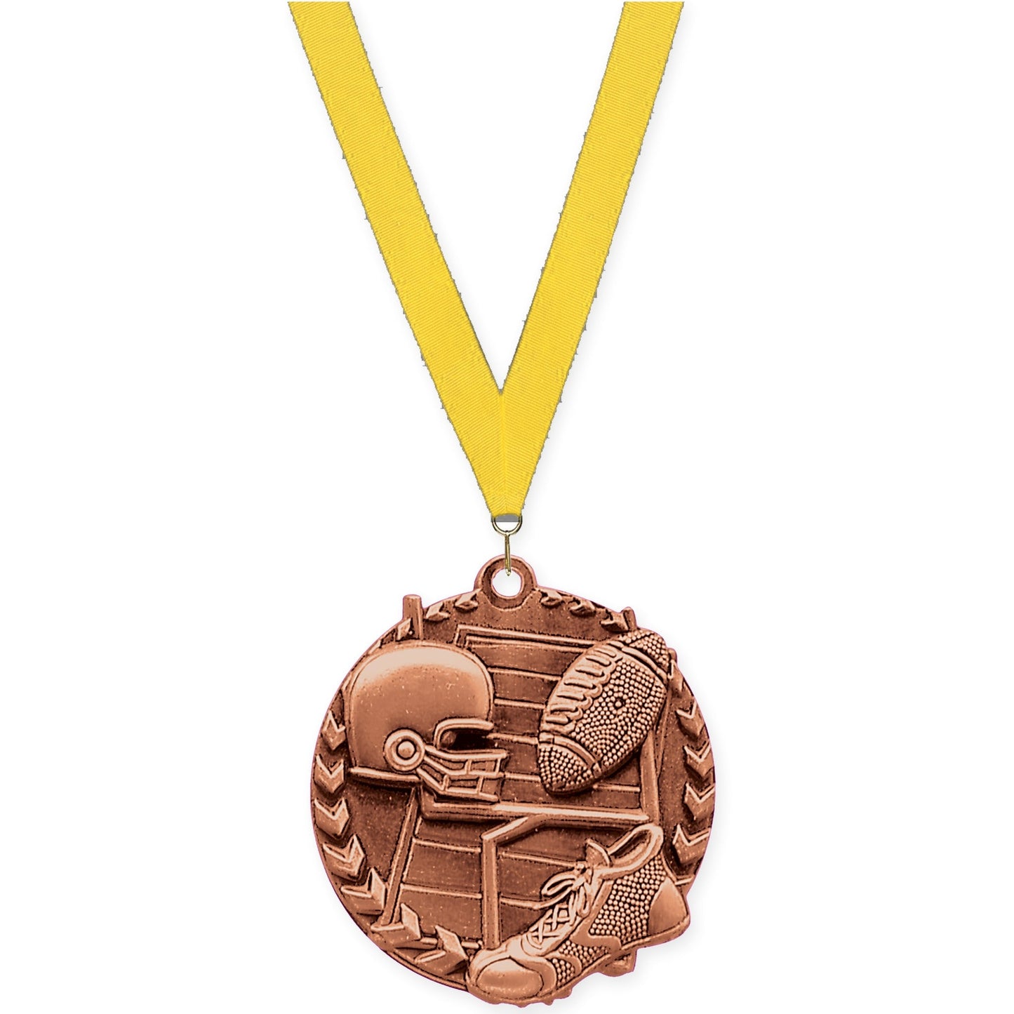 1 3/4 inch football Millennium medal in bright bronze with Yellow neck ribbon