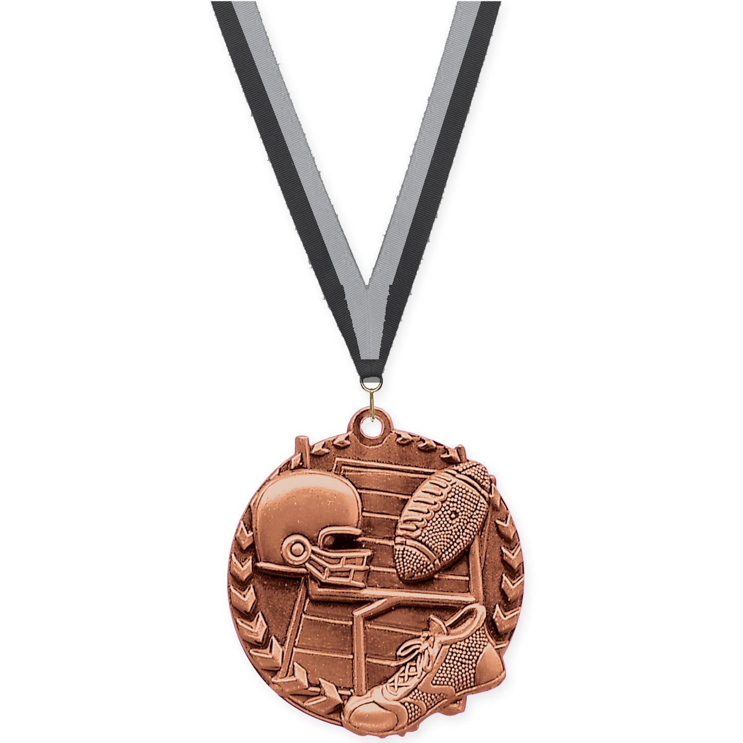 1 3/4 inch football Millennium medal in bright bronze with Black Gray neck ribbon
