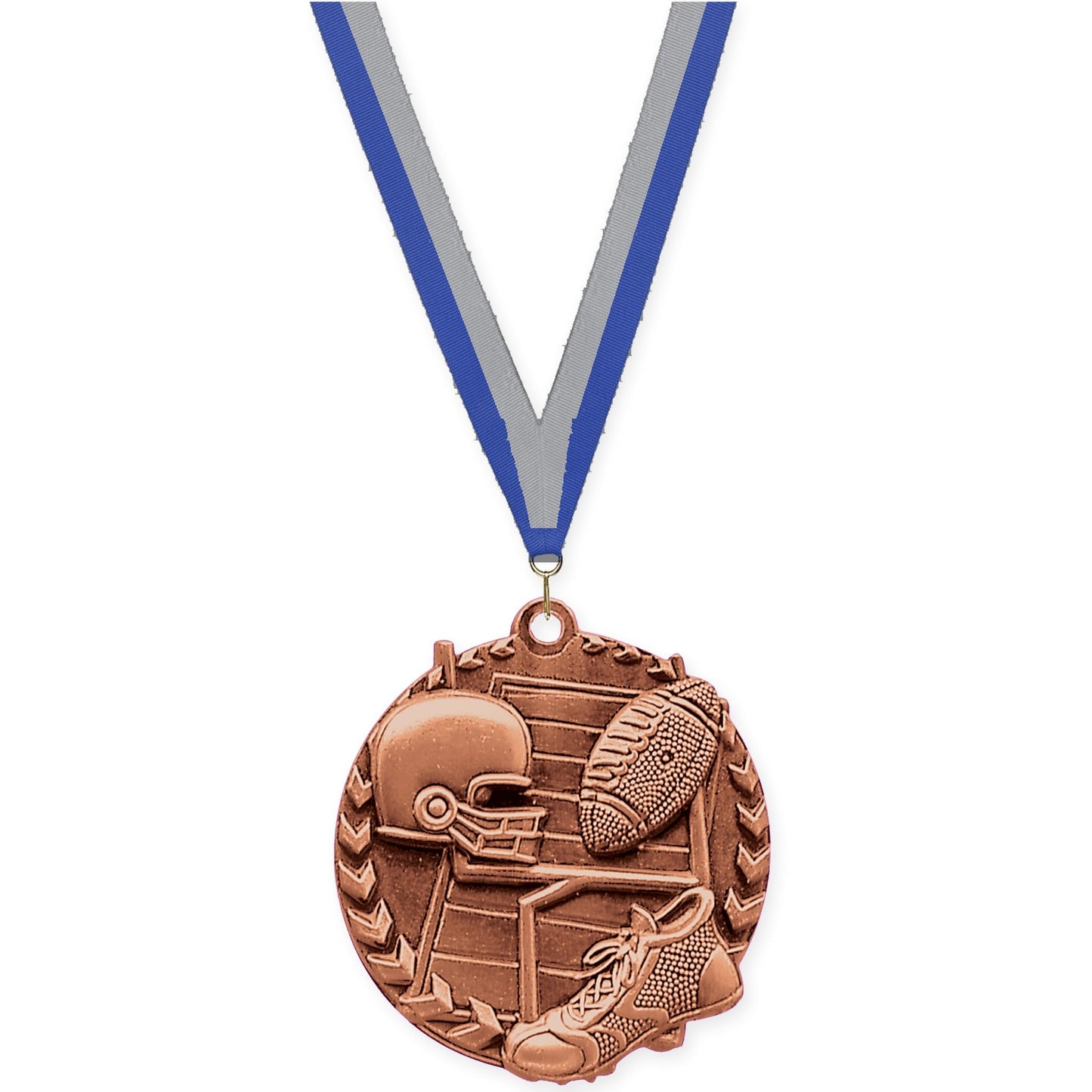 1 3/4 inch football Millennium medal in bright bronze with Blue Gray neck ribbon