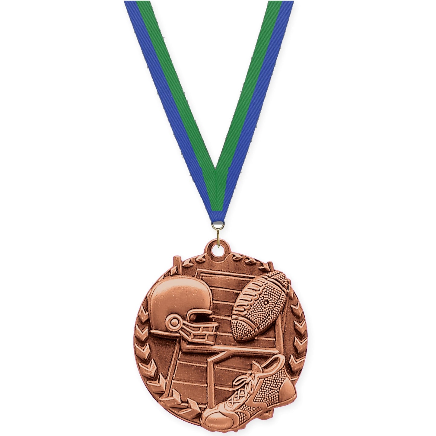 1 3/4 inch football Millennium medal in bright bronze with Blue Green neck ribbon