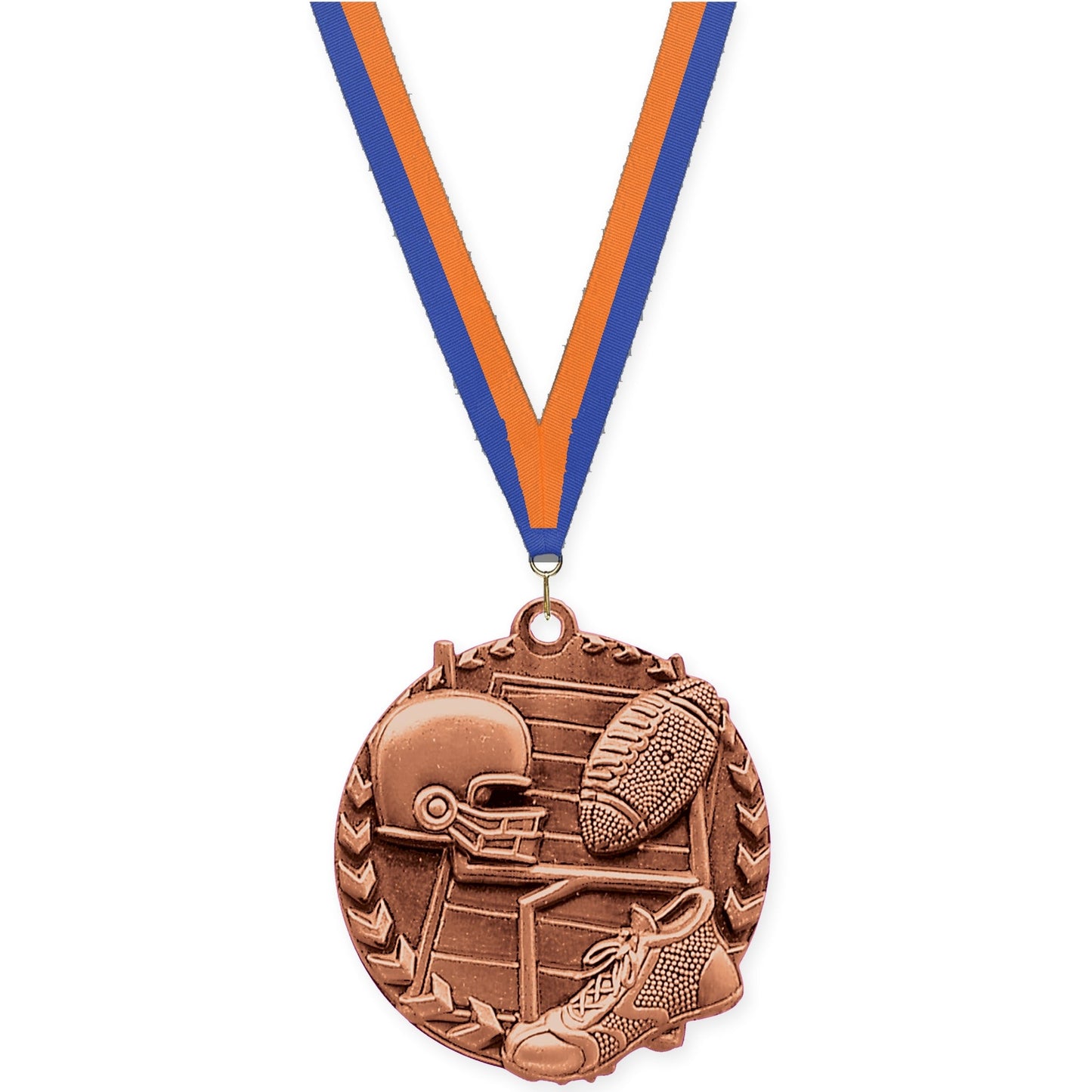 1 3/4 inch football Millennium medal in bright bronze with Blue Orange neck ribbon