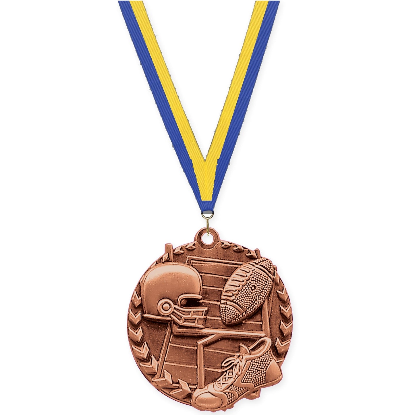 1 3/4 inch football Millennium medal in bright bronze with Blue Yellow neck ribbon