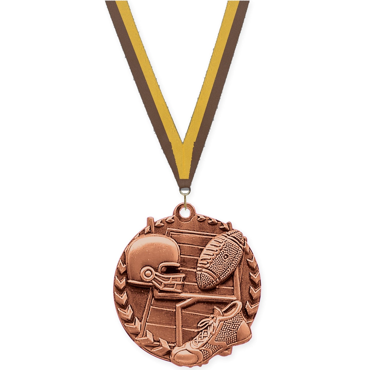 1 3/4 inch football Millennium medal in bright bronze with Brown Gold neck ribbon