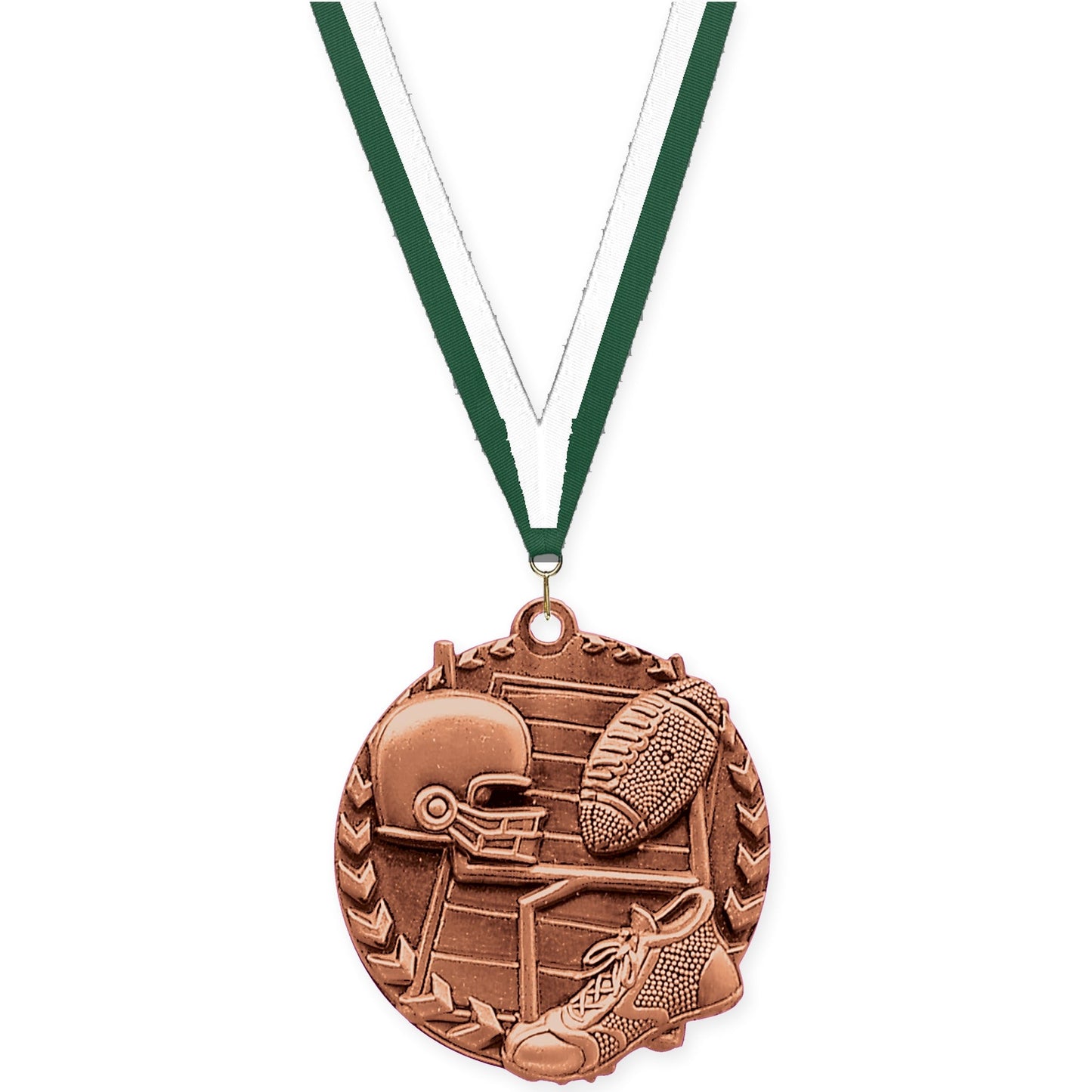 1 3/4 inch football Millennium medal in bright bronze with Hunter Green White neck ribbon