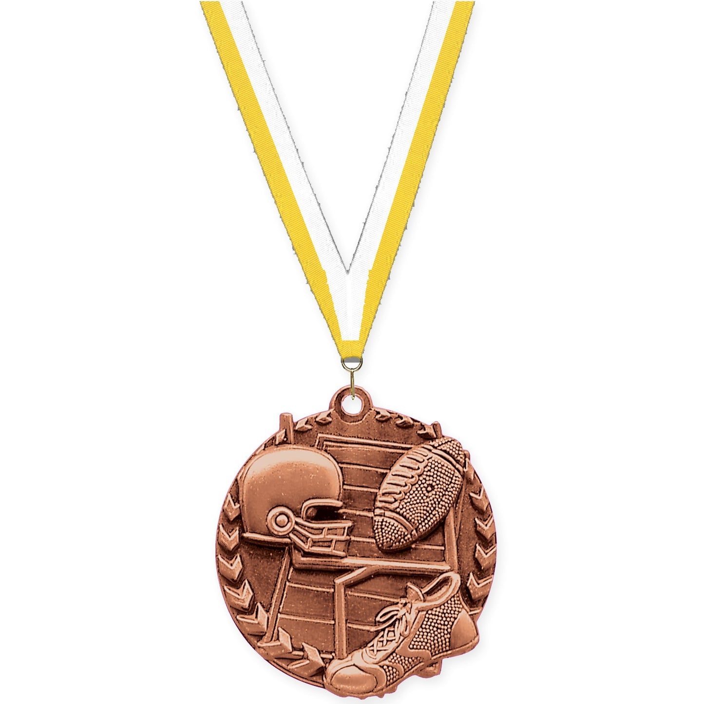 1 3/4 inch football Millennium medal in bright bronze with Yellow White neck ribbon