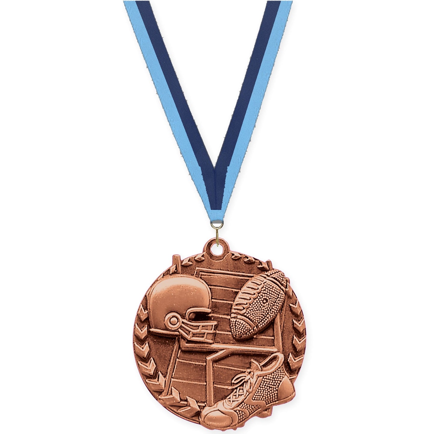 1 3/4 inch football Millennium medal in bright bronze with Light Blue Navy neck ribbon
