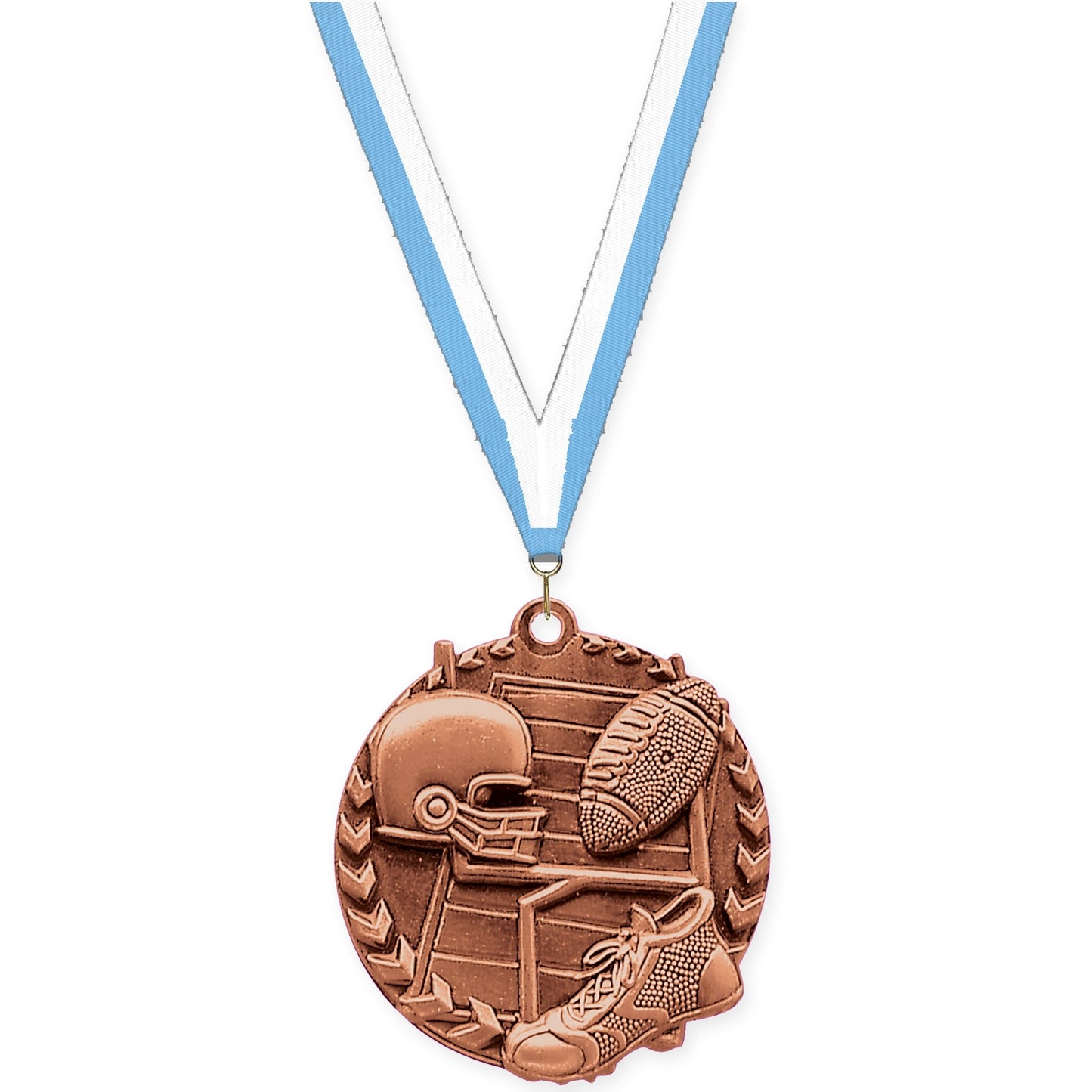 1 3/4 inch football Millennium medal in bright bronze with Light Blue White neck ribbon