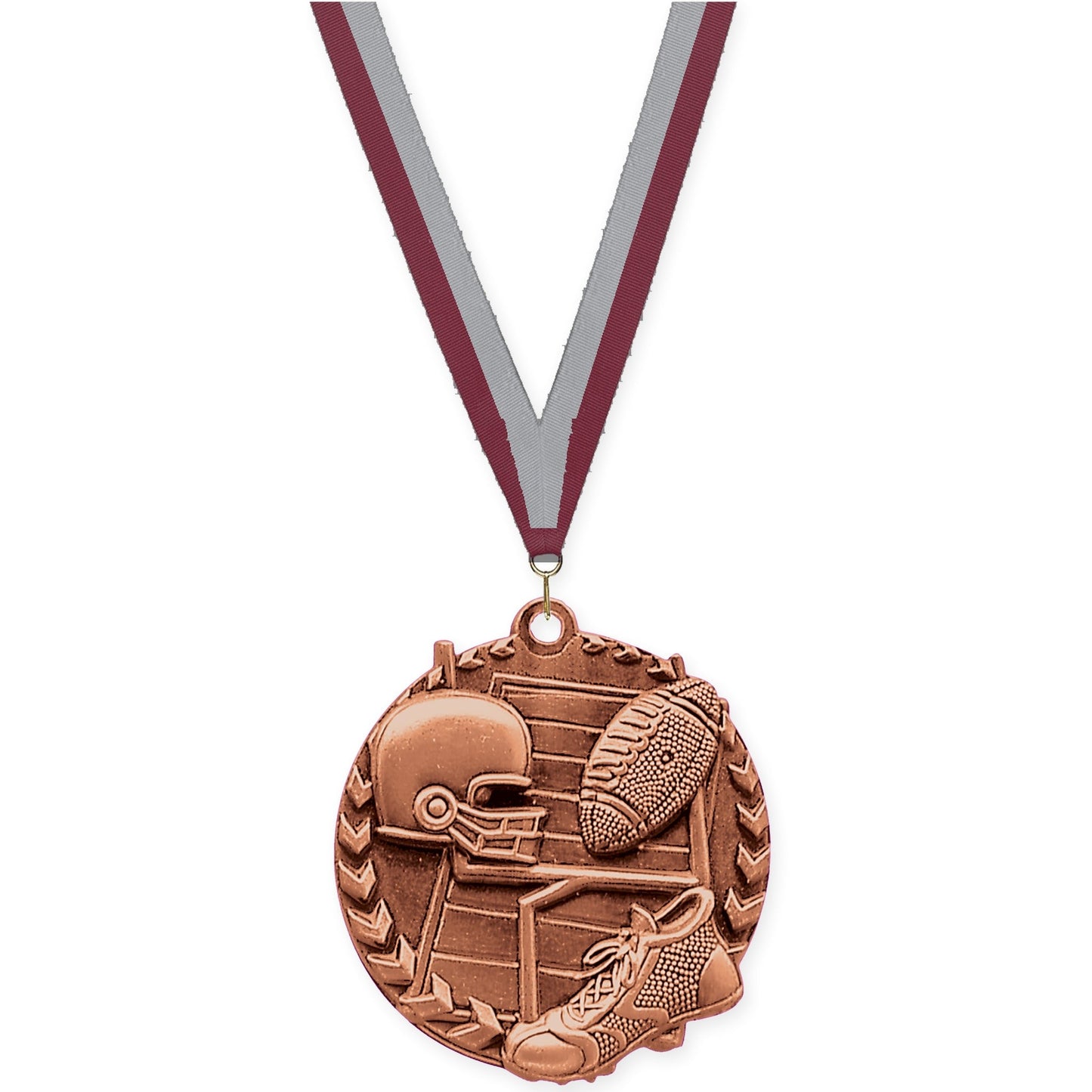 1 3/4 inch football Millennium medal in bright bronze with Maroon Gray neck ribbon