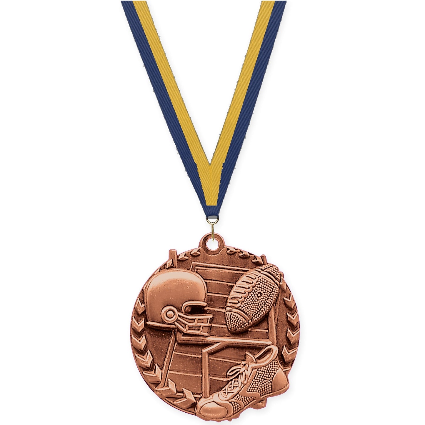 1 3/4 inch football Millennium medal in bright bronze with Navy Gold neck ribbon