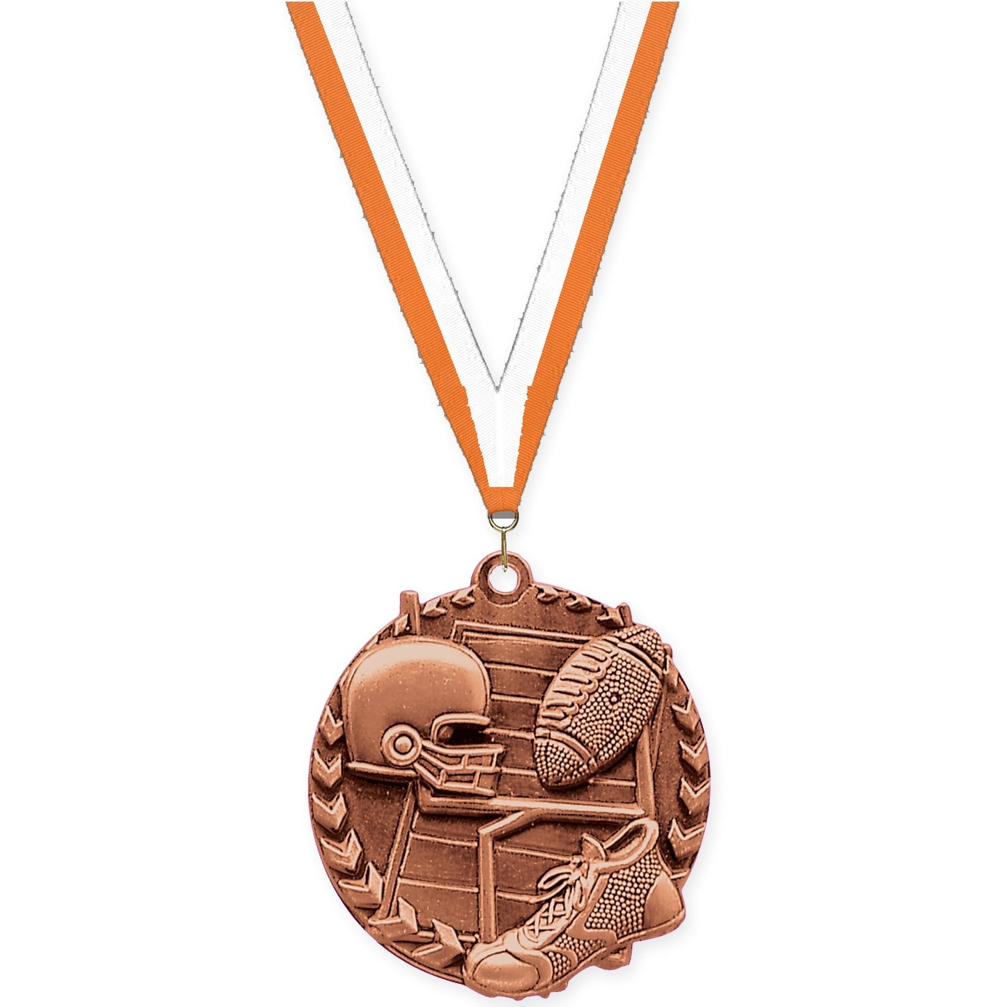 1 3/4 inch football Millennium medal in bright bronze with Orange White neck ribbon