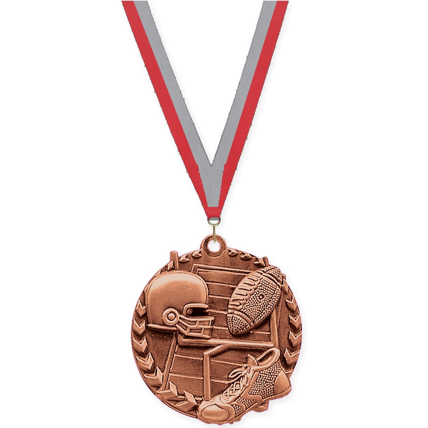 1 3/4 inch football Millennium medal in bright bronze with Red Gray neck ribbon