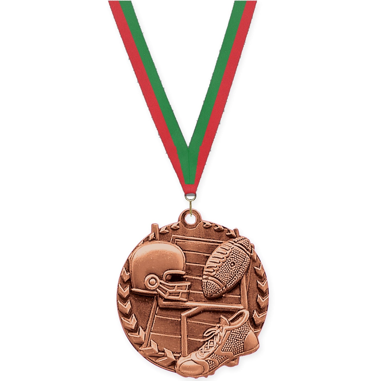 1 3/4 inch football Millennium medal in bright bronze with Red Green neck ribbon