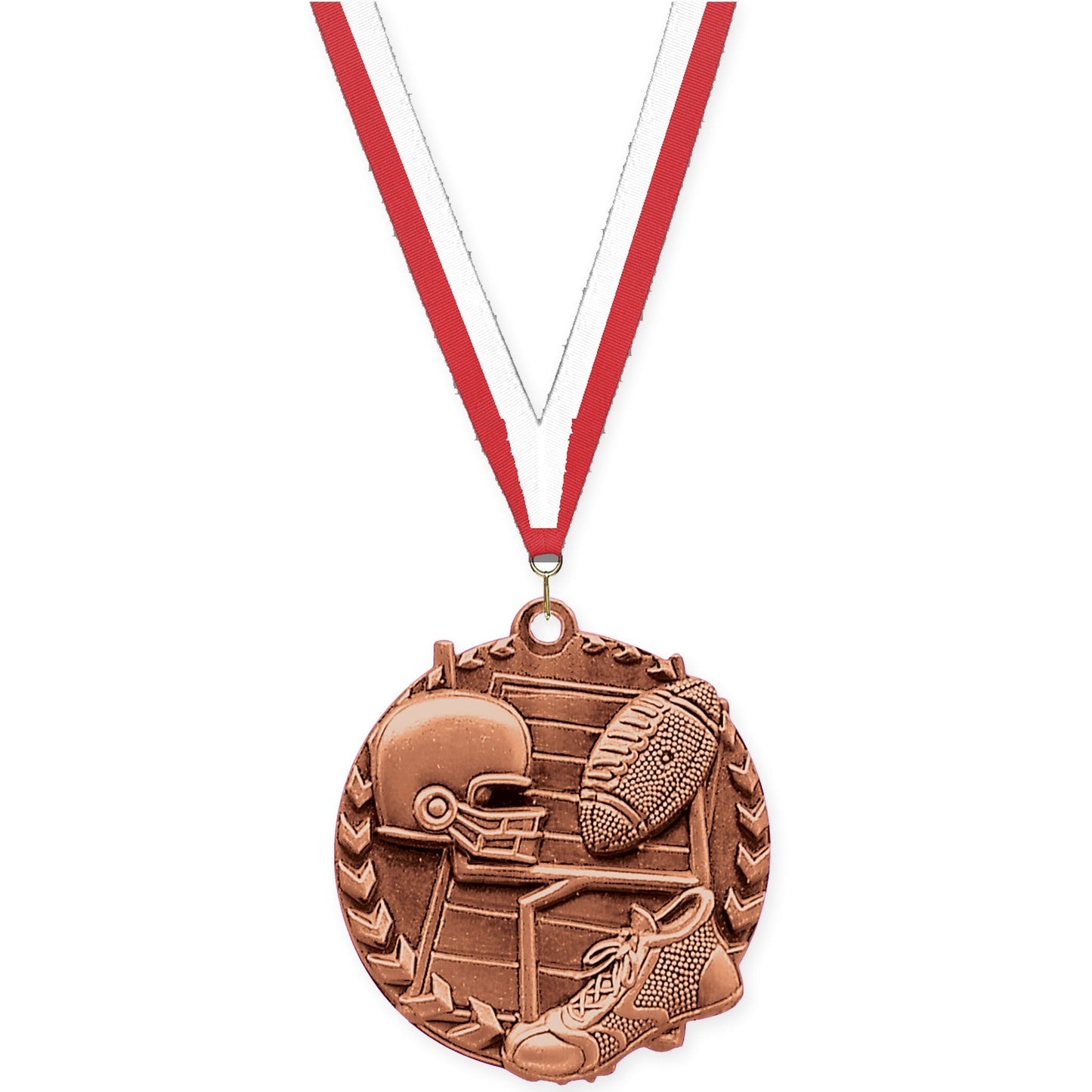 1 3/4 inch football Millennium medal in bright bronze with Red White neck ribbon