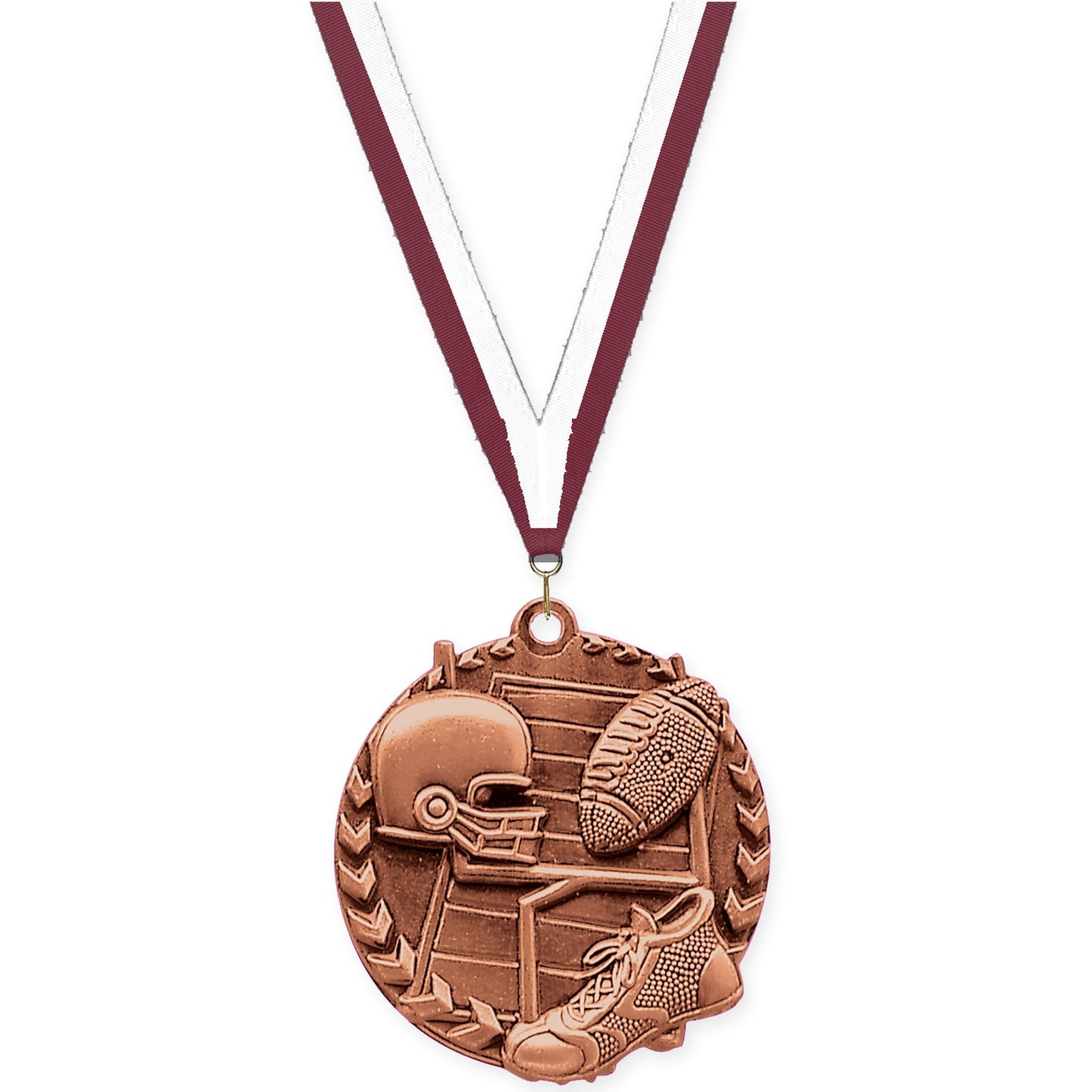 1 3/4 inch football Millennium medal in bright bronze with Maroon White neck ribbon