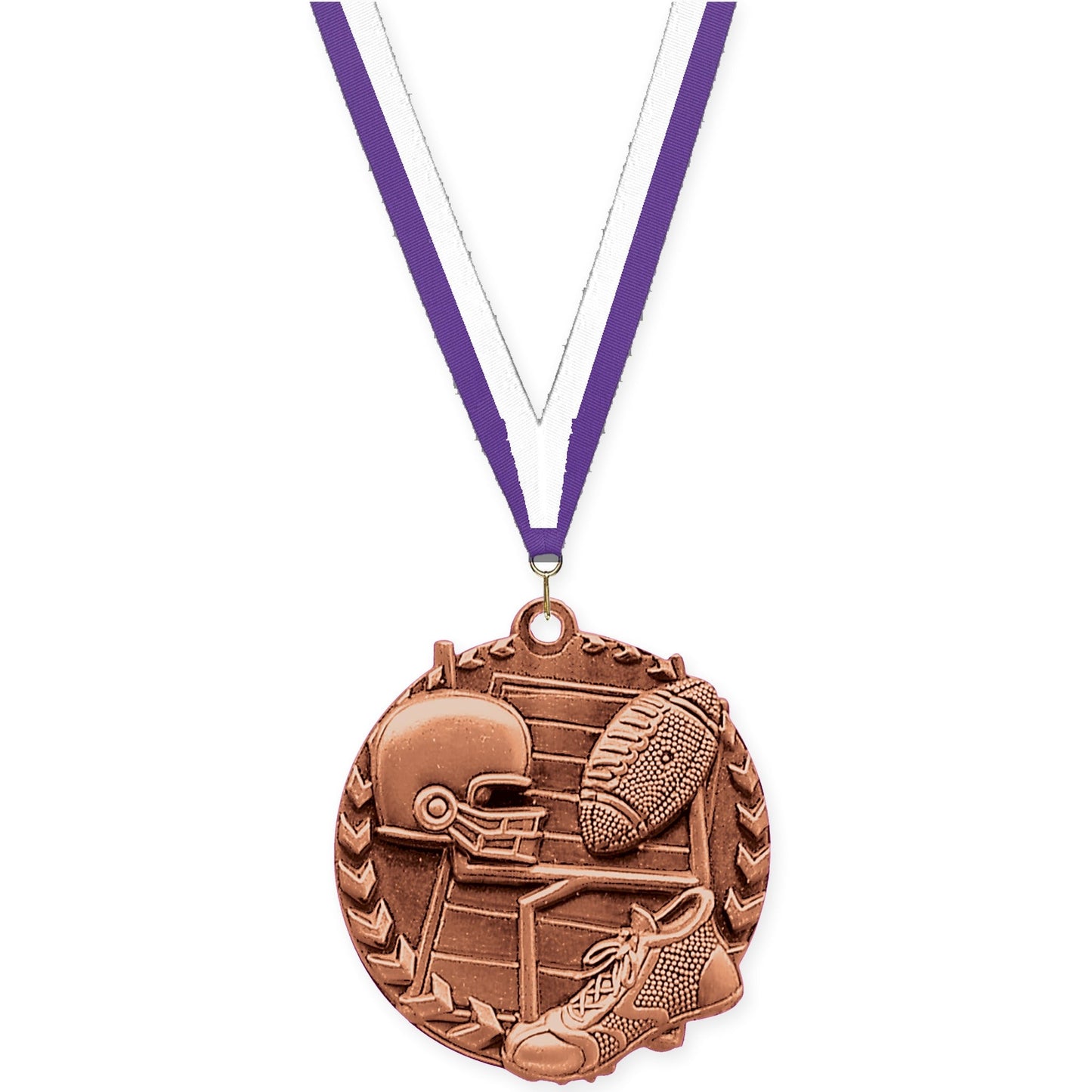 1 3/4 inch football Millennium medal in bright bronze with Purple White neck ribbon