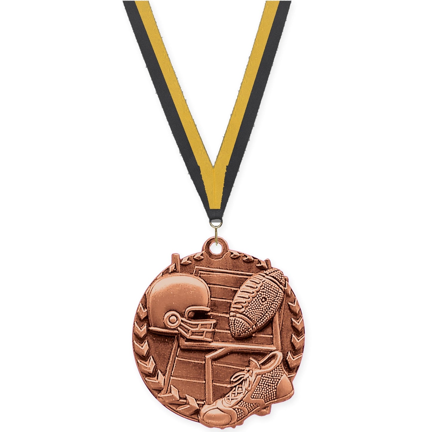 1 3/4 inch football Millennium medal in bright bronze with Black Gold neck ribbon