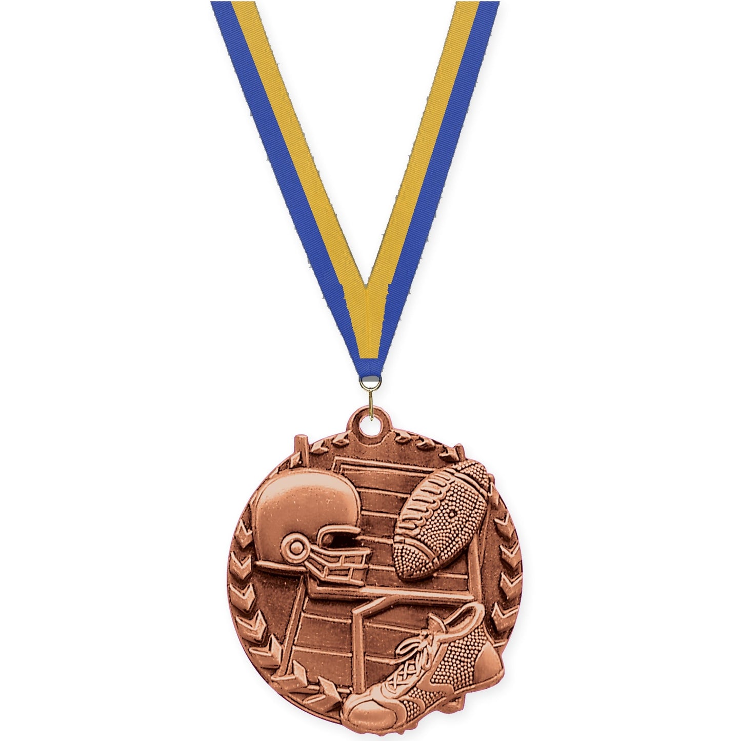 1 3/4 inch football Millennium medal in bright bronze with Blue Gold neck ribbon