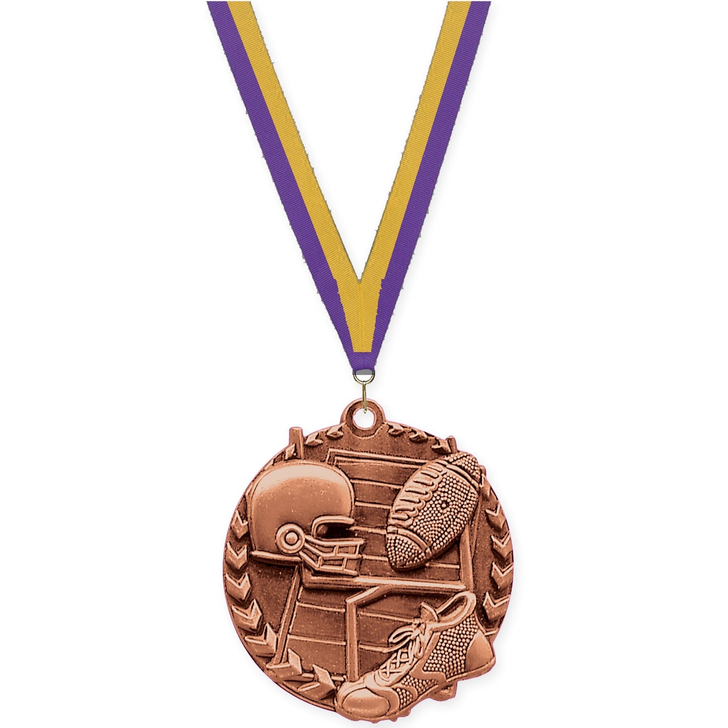 1 3/4 inch football Millennium medal in bright bronze with Purple Gold neck ribbon