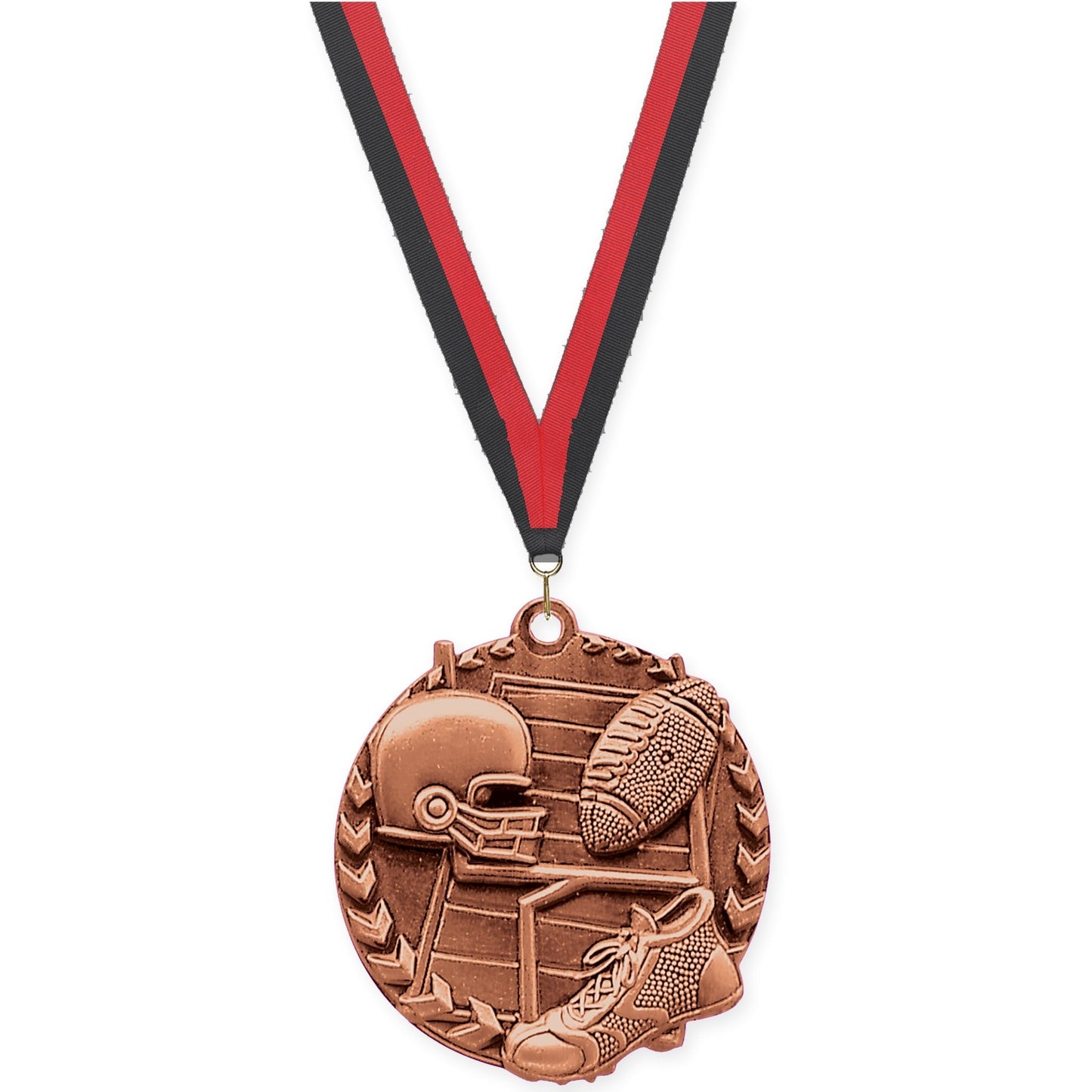 1 3/4 inch football Millennium medal in bright bronze with Black Red neck ribbon